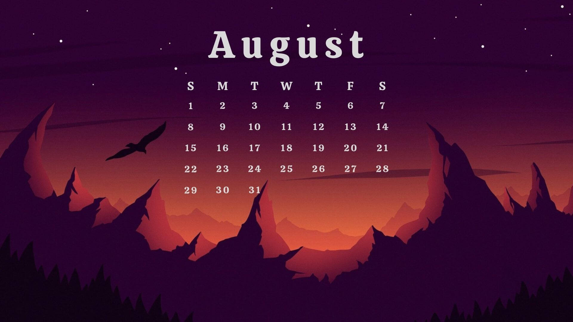 August 2021 Calendar, starry twilight sky, jagged mountain silhouettes, Full HD Desktop Wallpaper