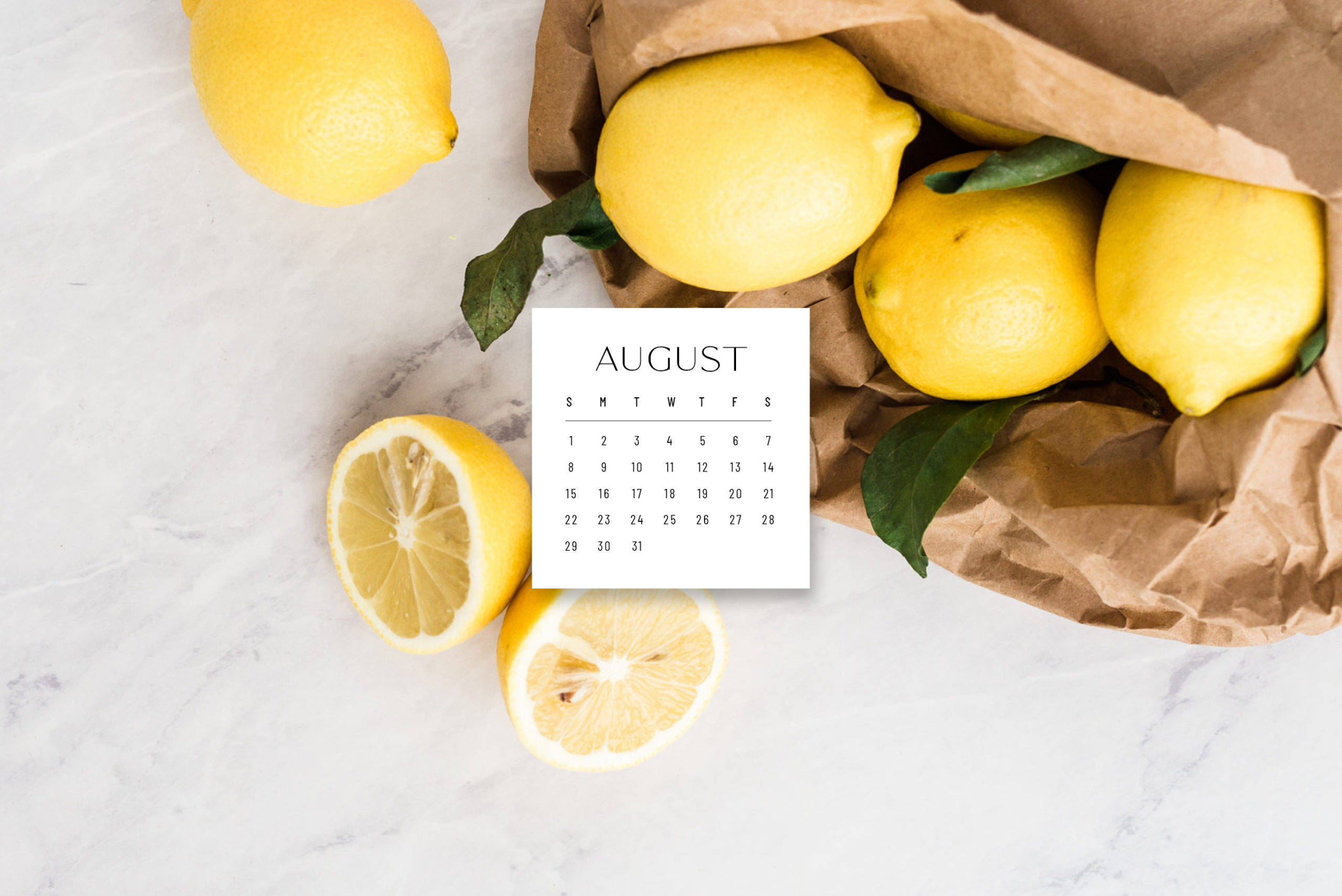 lemons, brown paper bag, calendar marked August, 2K Desktop Wallpaper