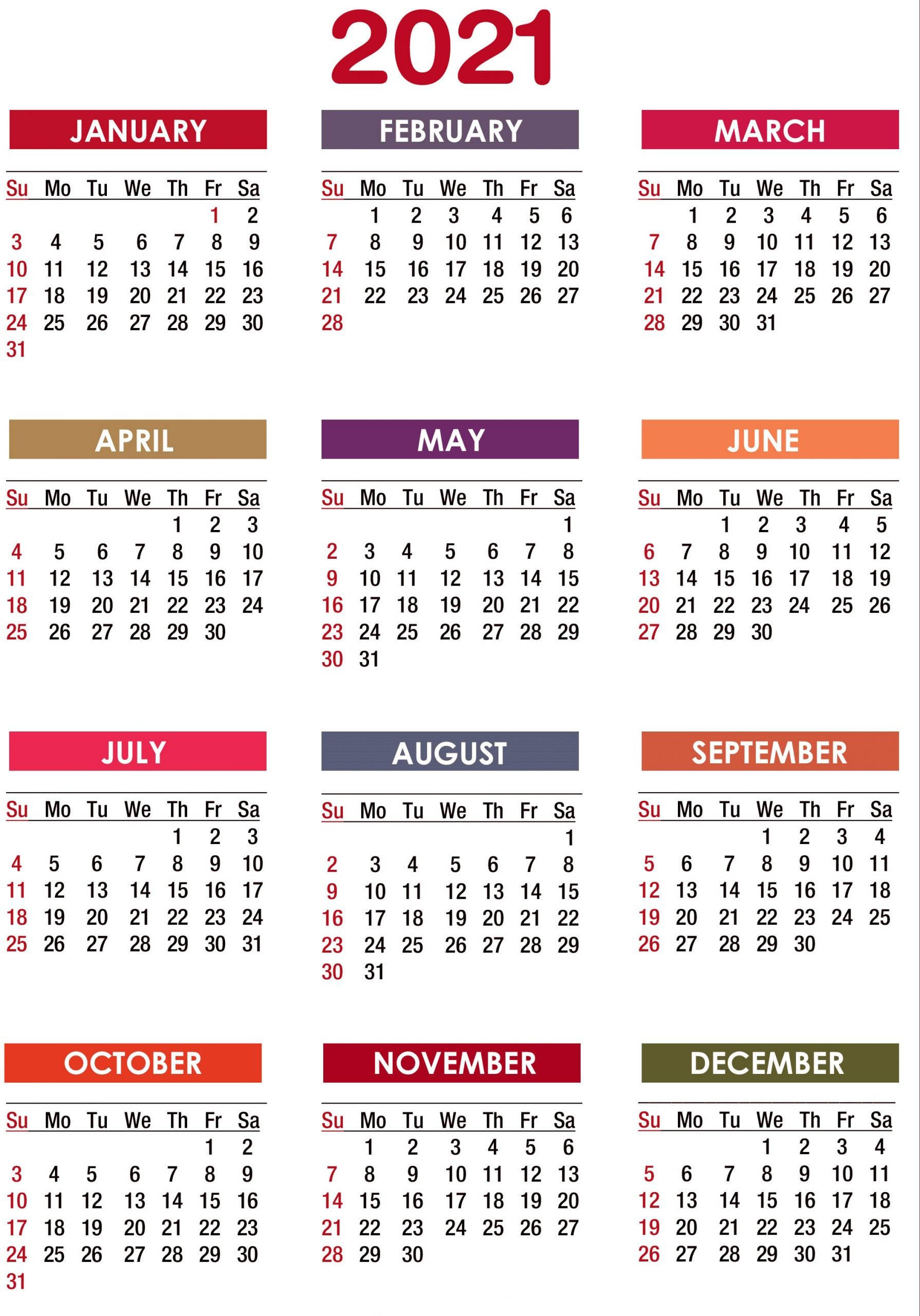 2021 yearly calendar, grid, distinct colored headers, 2K Phone Wallpaper