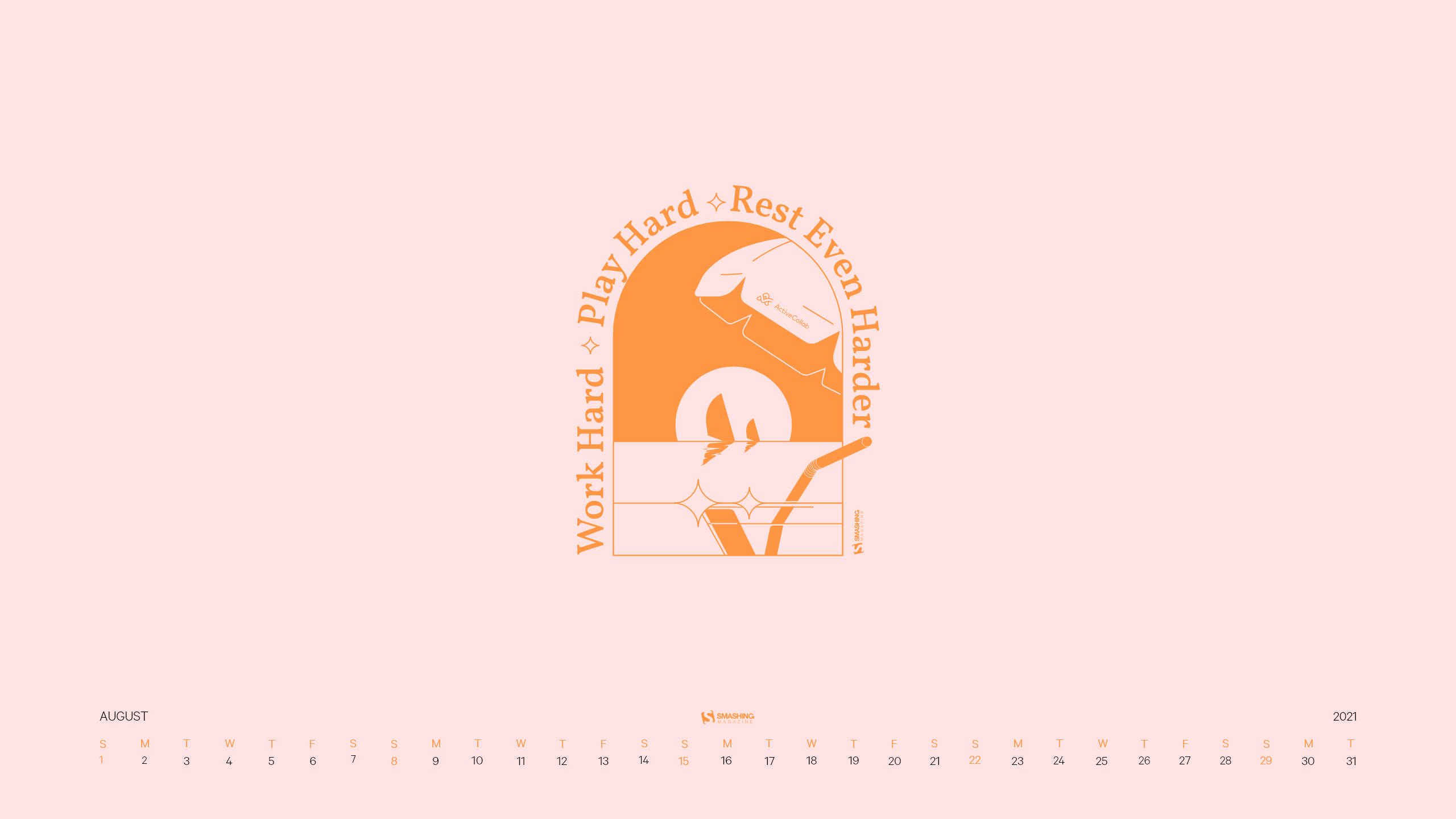 August 2021 Calendar, orange, pink, 2K Desktop Wallpaper
