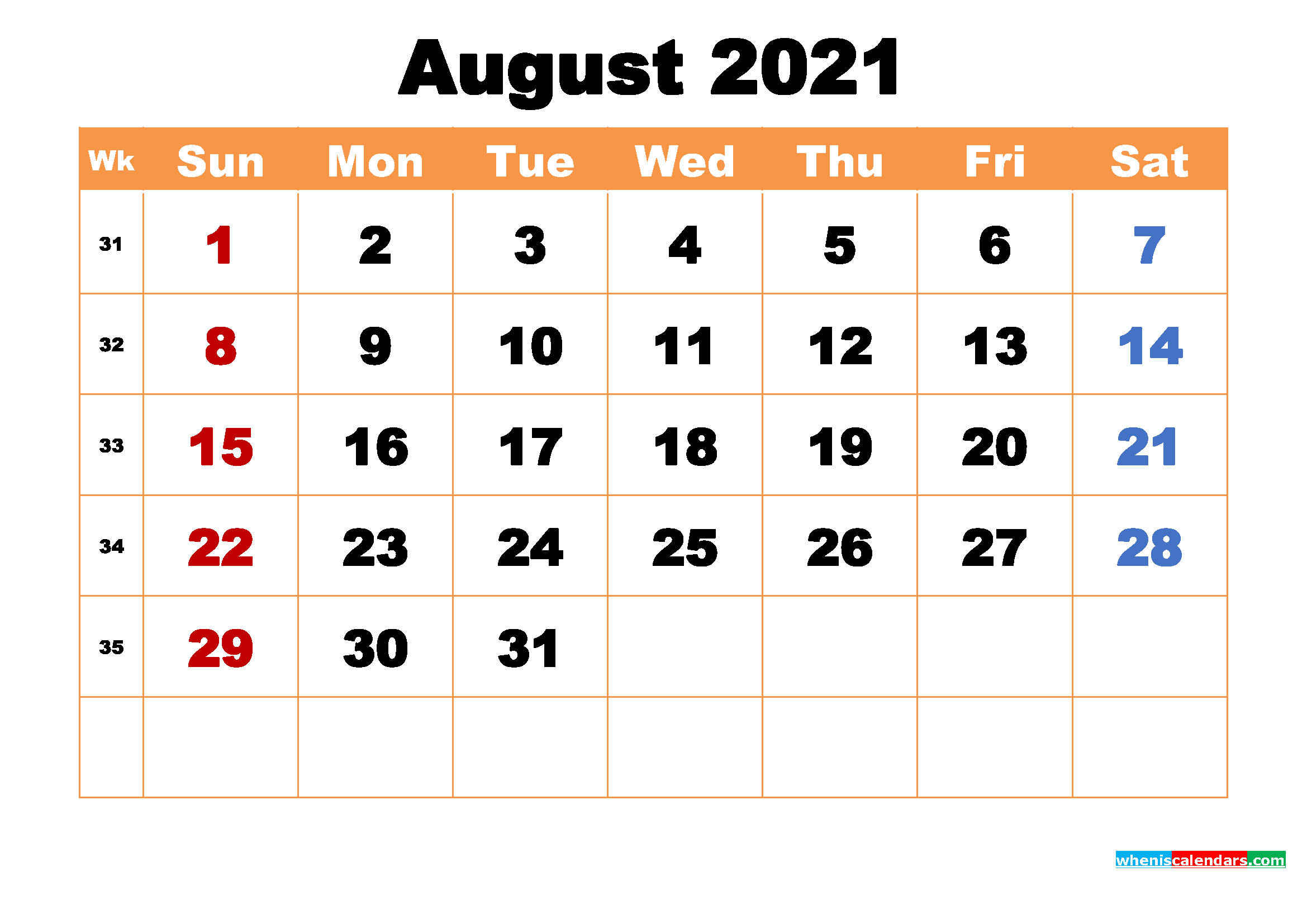 August 2021 Calendar, orange headers, colored dates, Full HD Desktop Wallpaper