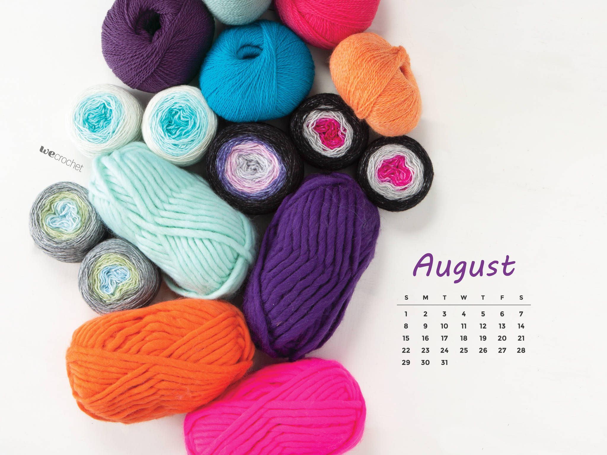 August 2021 Calendar, colorful yarn, clean white background, Full HD Desktop Wallpaper
