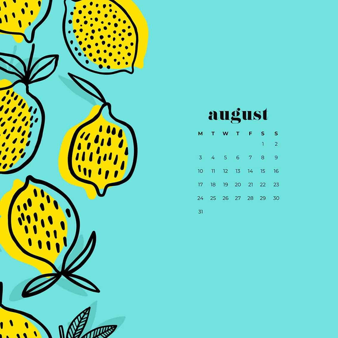 August 2021 Calendar, lemons, turquoise, SD Desktop Wallpaper