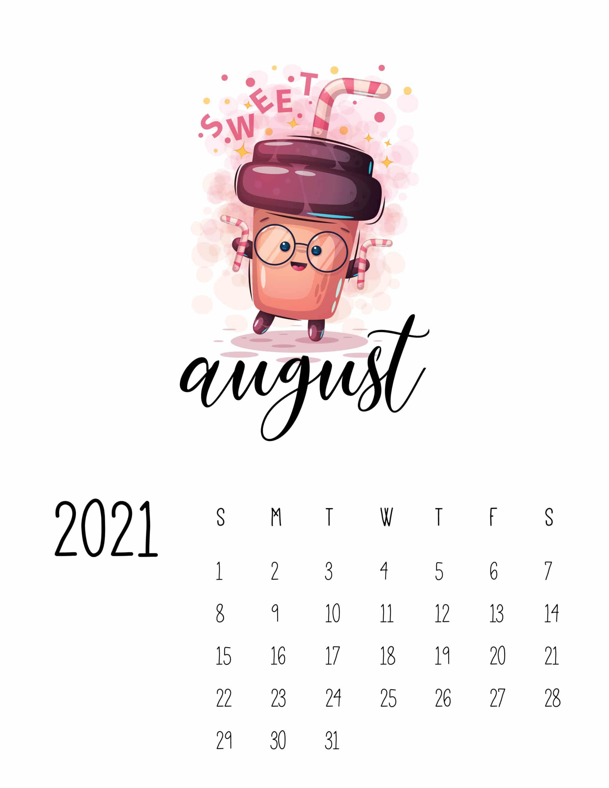August 2021 Calendar, cartoon coffee cup, soft pink watercolor splashes, 2K Phone Wallpaper
