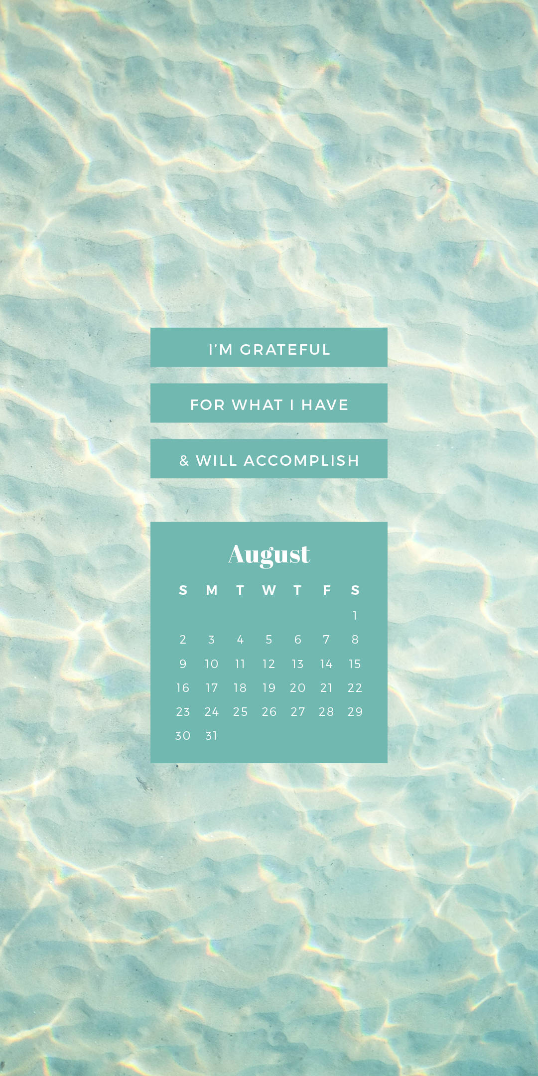 August 2021 Calendar, turquoise water, sun-dappled, Full HD Phone Wallpaper