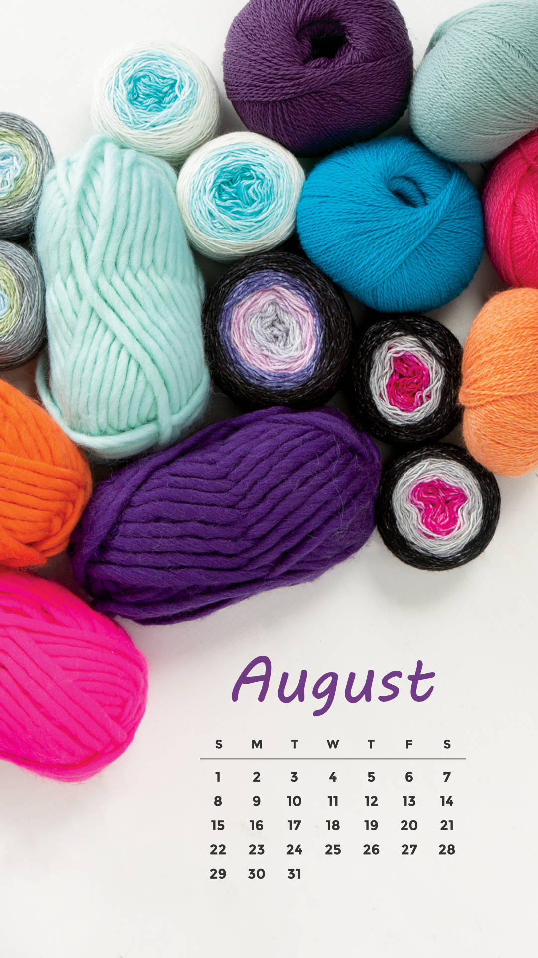 August 2021 Calendar, colorful yarn, skeins, Full HD Phone Wallpaper