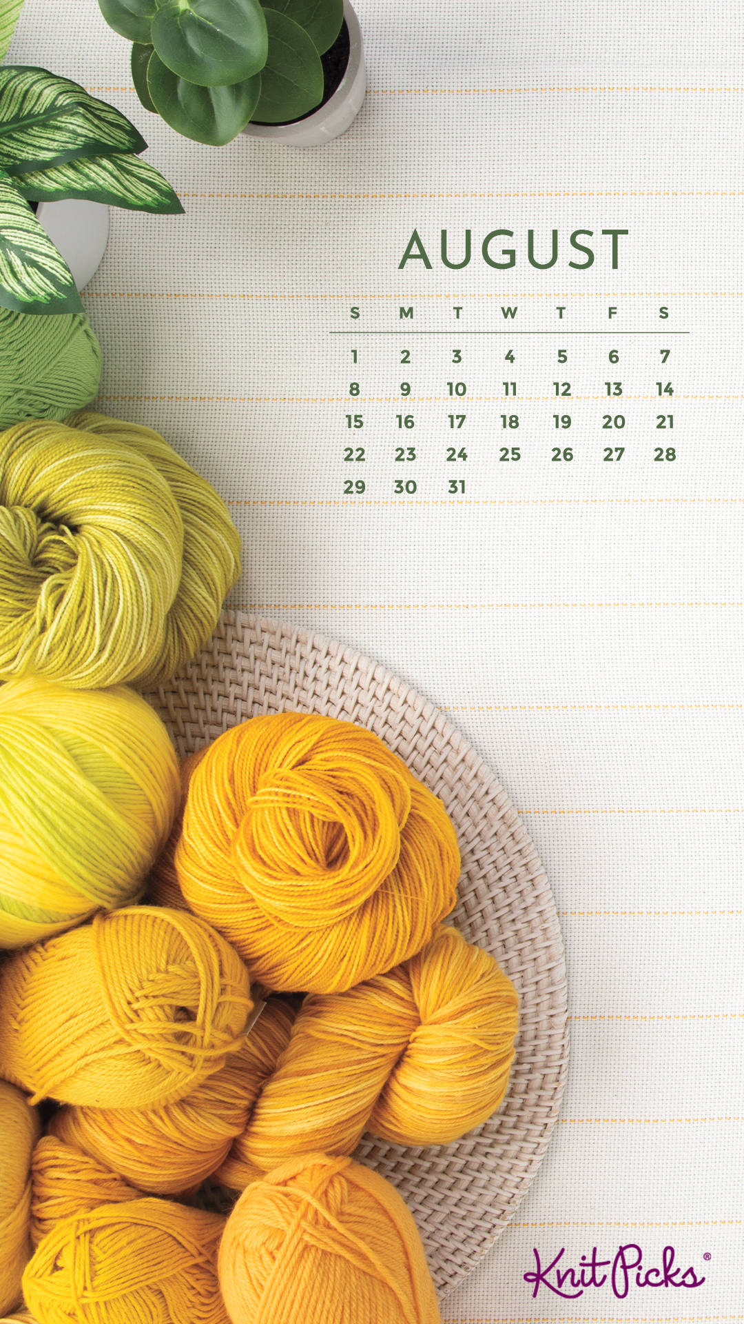 August calendar, yarn, potted plant, Full HD Phone Wallpaper