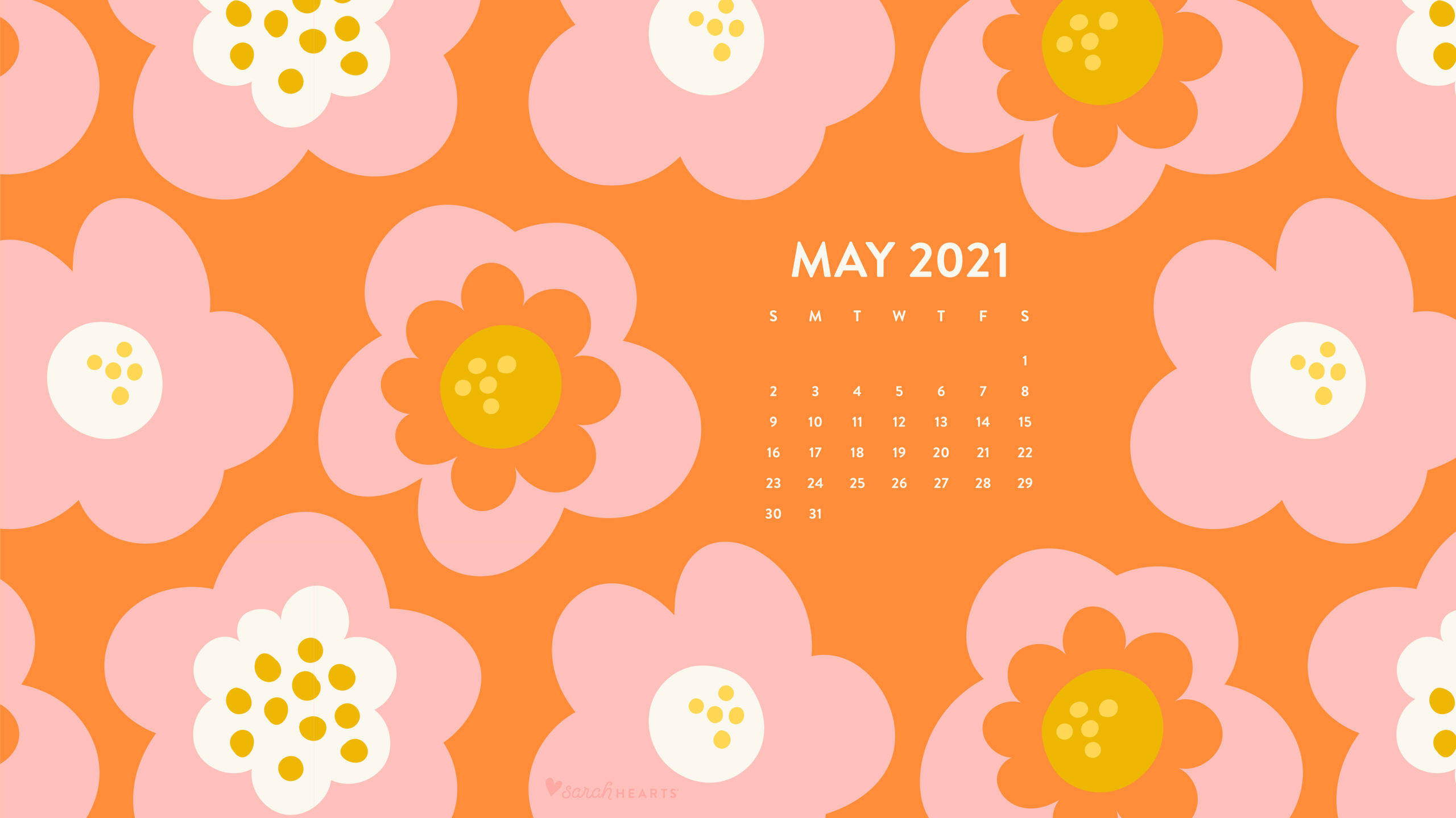 May 2021, orange background, pink flowers, 2K Desktop Wallpaper