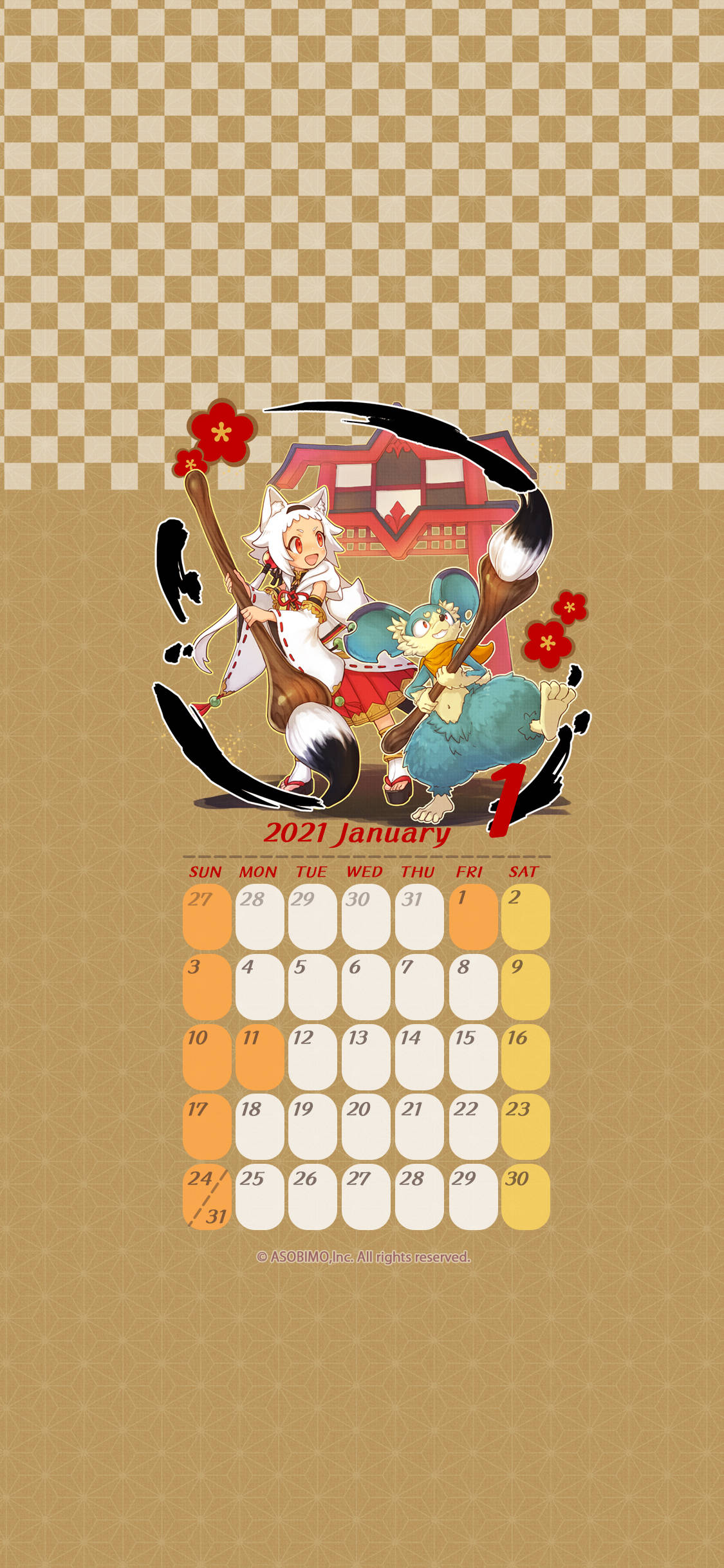 2021 January calendar, anime-style fox spirits, traditional Japanese house, Full HD Phone Wallpaper
