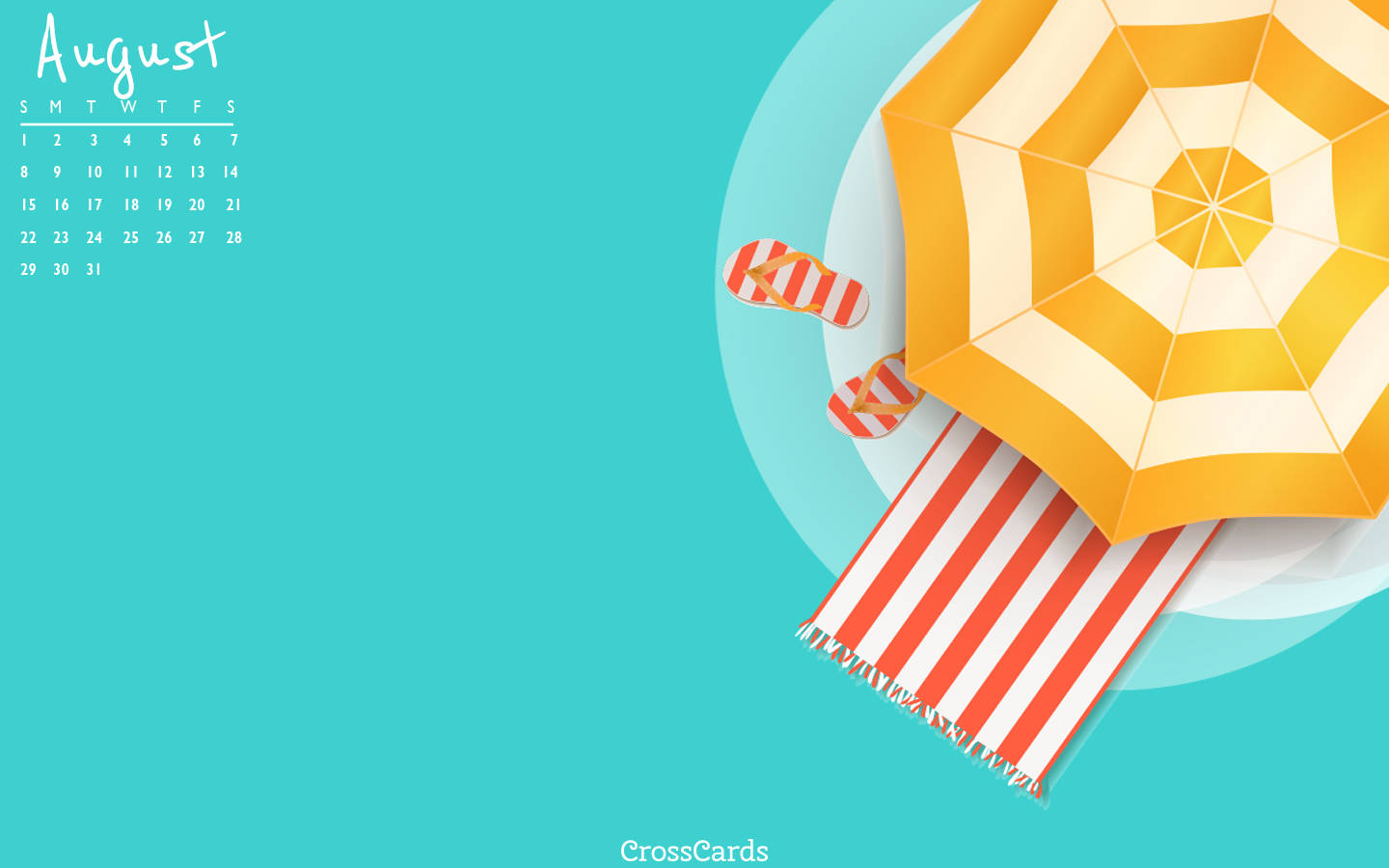August 2021 Calendar, yellow and white striped beach umbrella, red white flip flops, HD Desktop Wallpaper