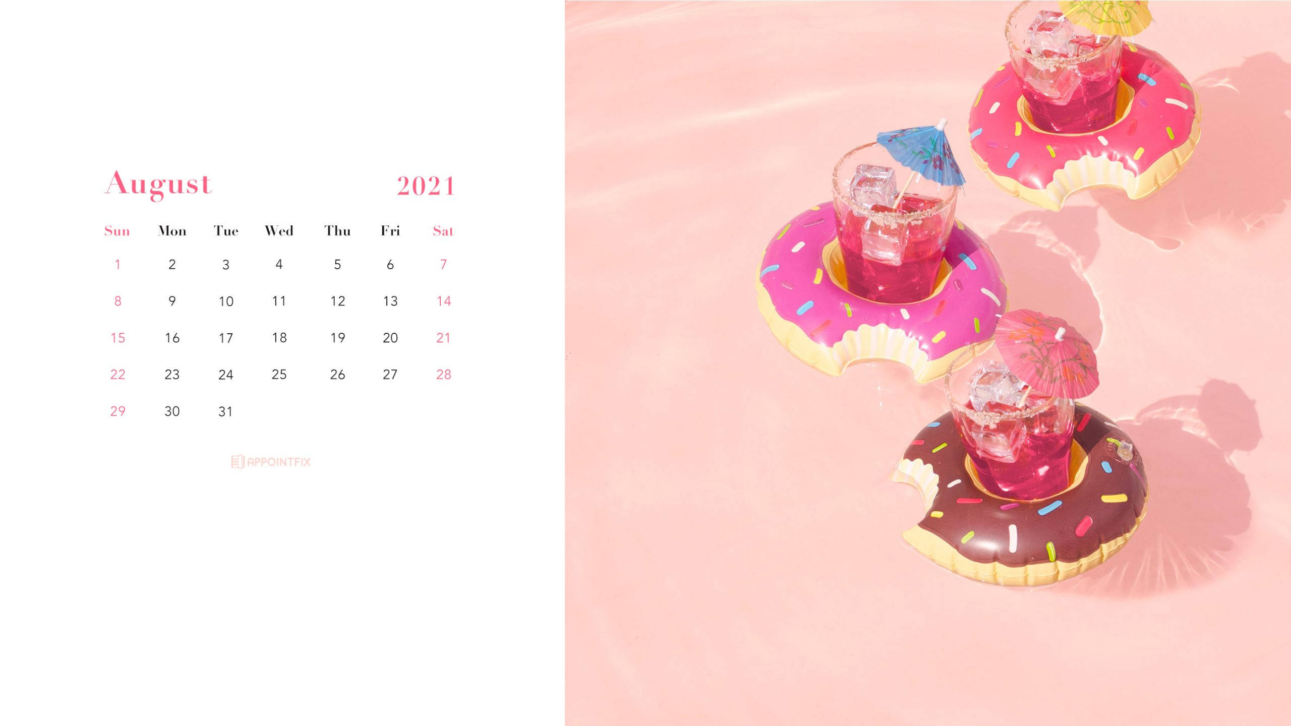 August 2021 Calendar, pink water features, donut-shaped drink holders, 2K Desktop Wallpaper
