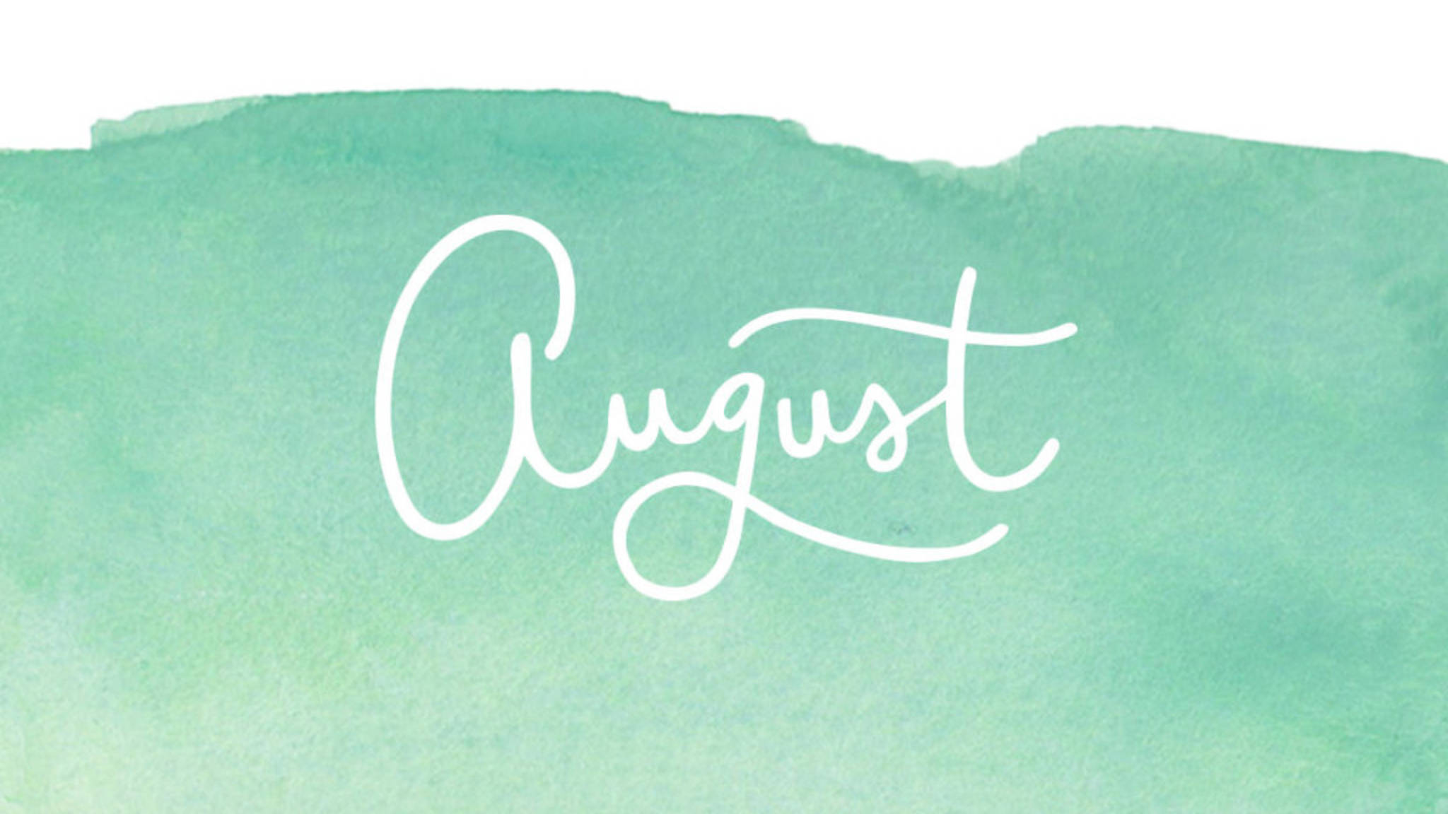 August, white cursive script, soft mint green watercolor wash, Full HD Desktop Wallpaper