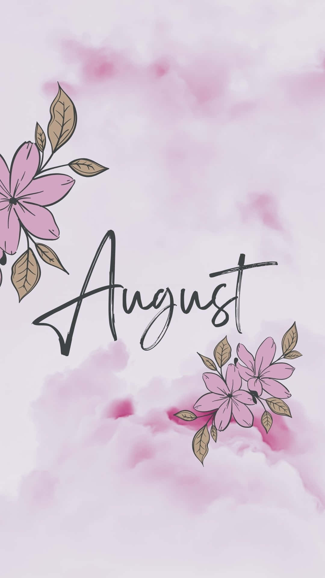 August, pink watercolor clouds, black cursive text, Full HD Phone Wallpaper