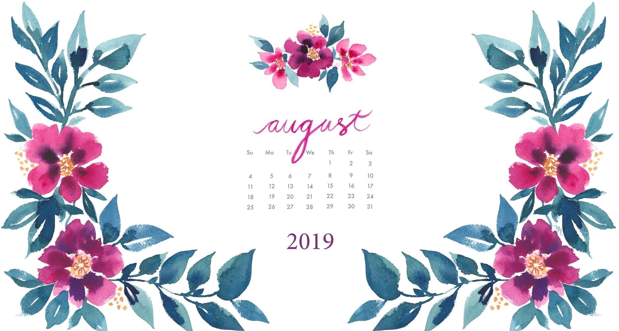 August 2019, floral calendar, vibrant pink flowers, Full HD Desktop Wallpaper