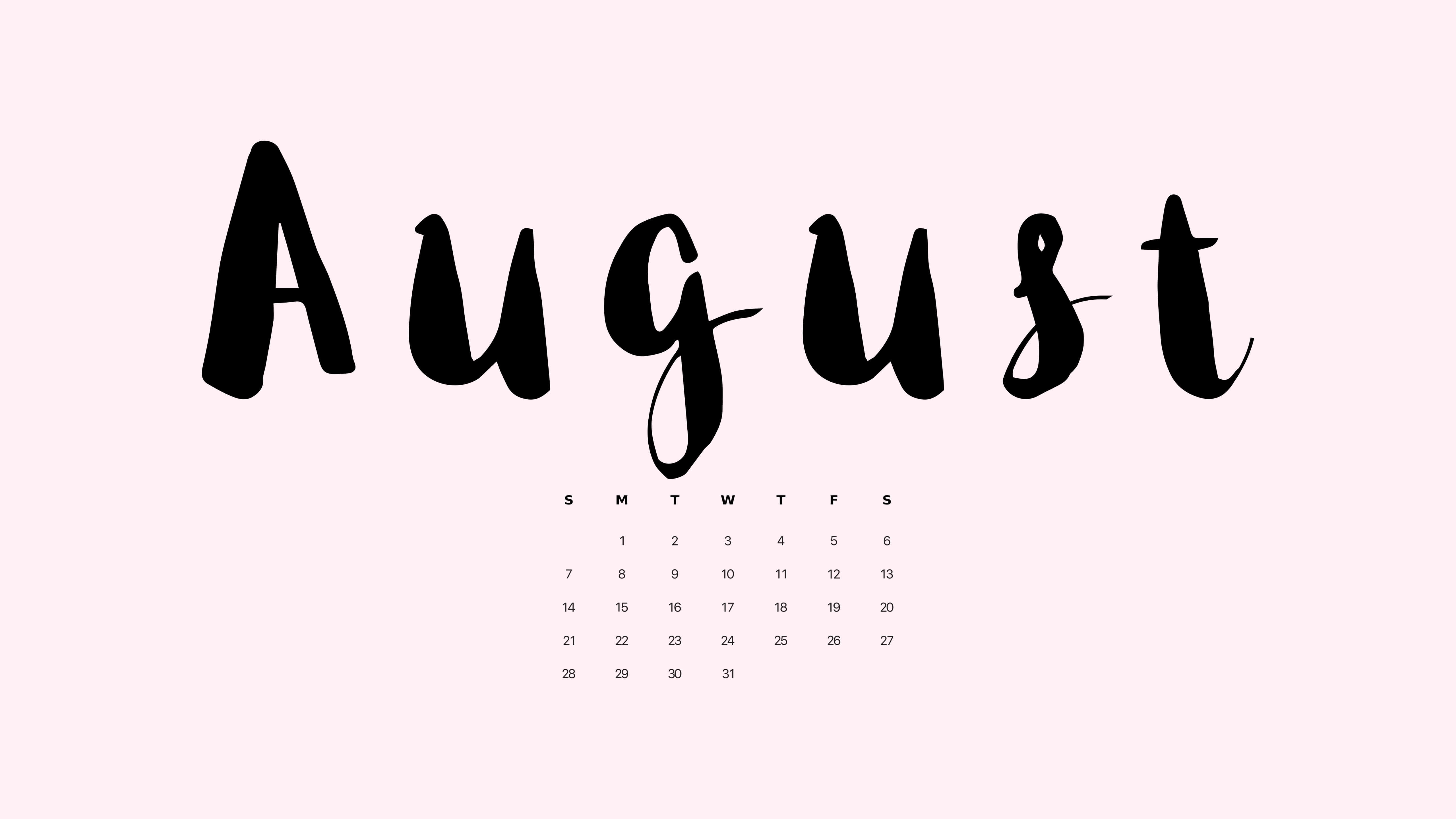 August Calendar, black script, soft pink background, 5K Desktop Wallpaper