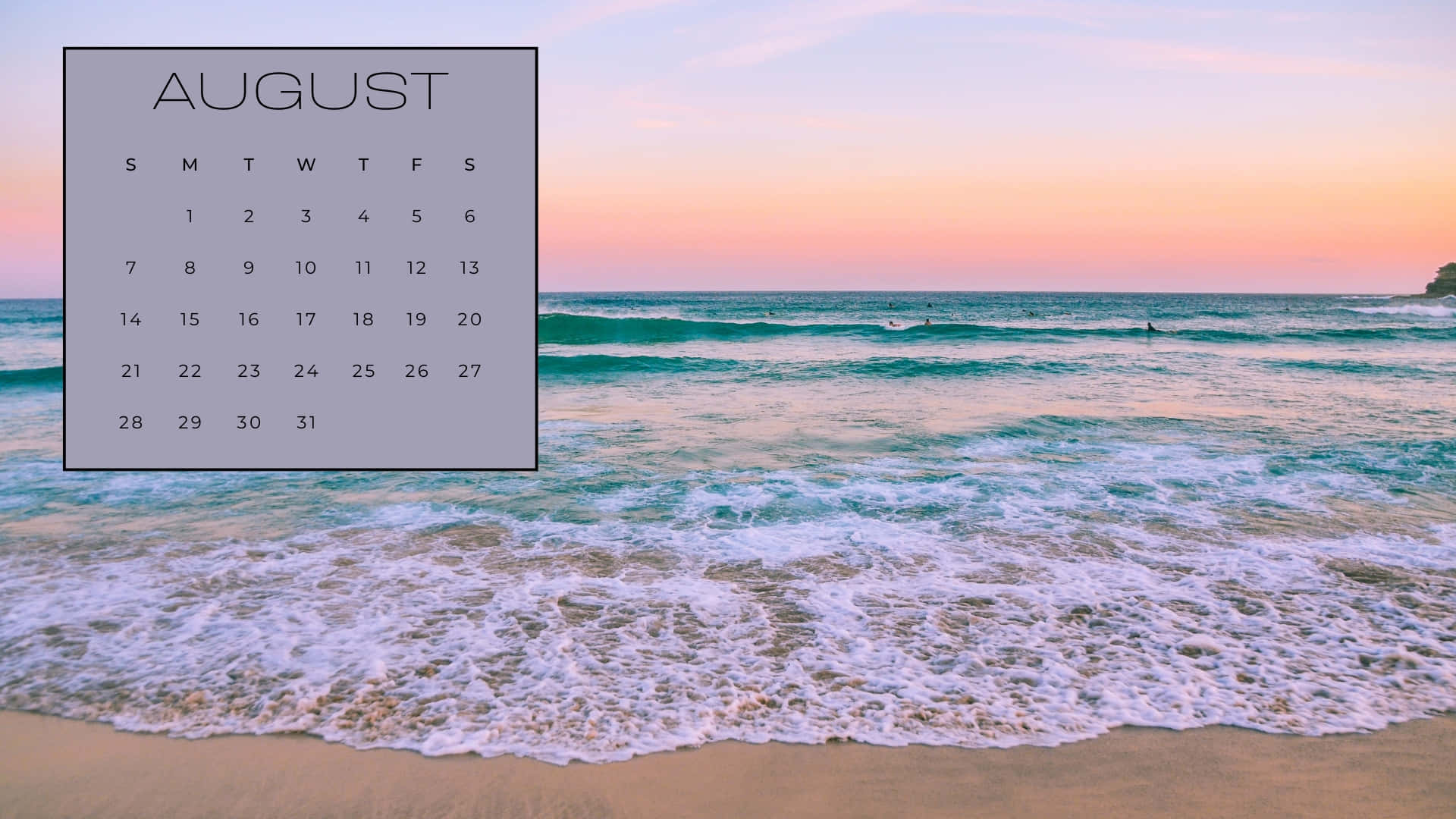 August Beach Calendar, vibrant sunset, turquoise waves, Full HD Desktop Wallpaper