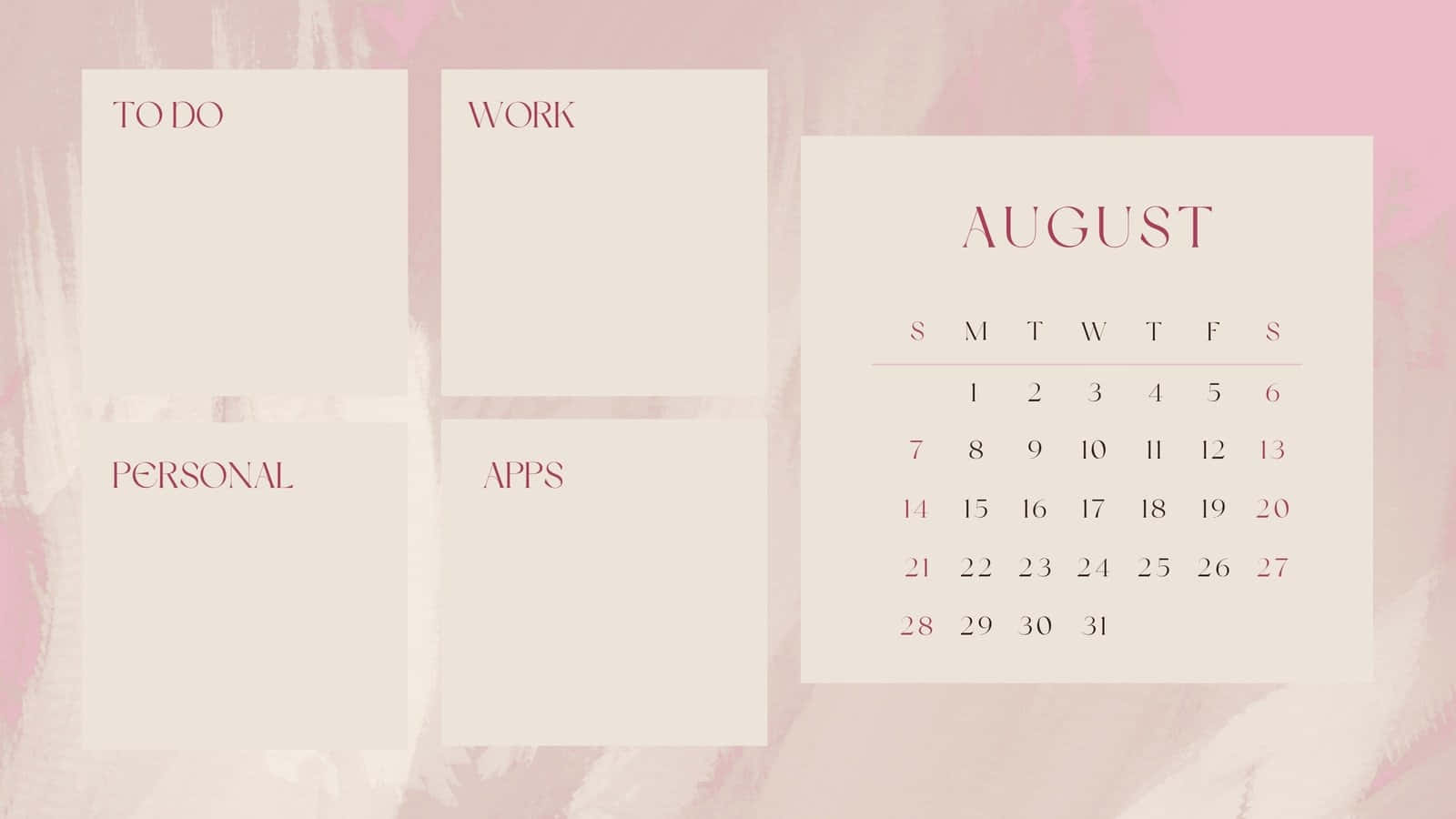 August Desktop Organizer Calendar, soft pink watercolor background, minimalist August calendar, HD Desktop Wallpaper