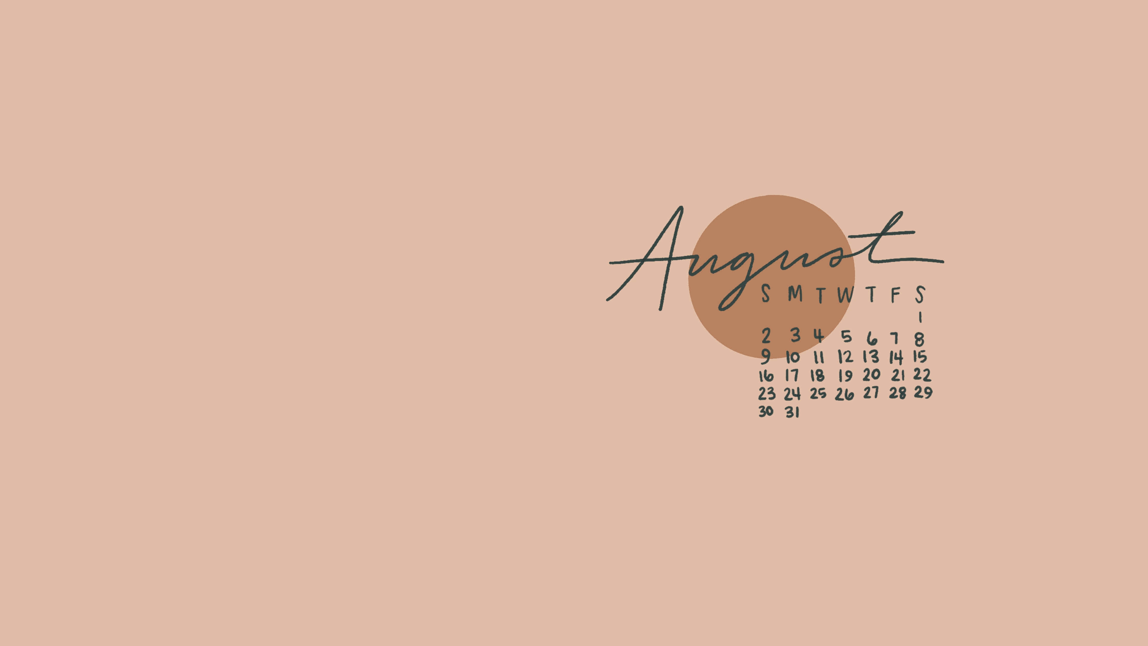 August Calendar, elegant script, muted terracotta tones, 4K Desktop Wallpaper
