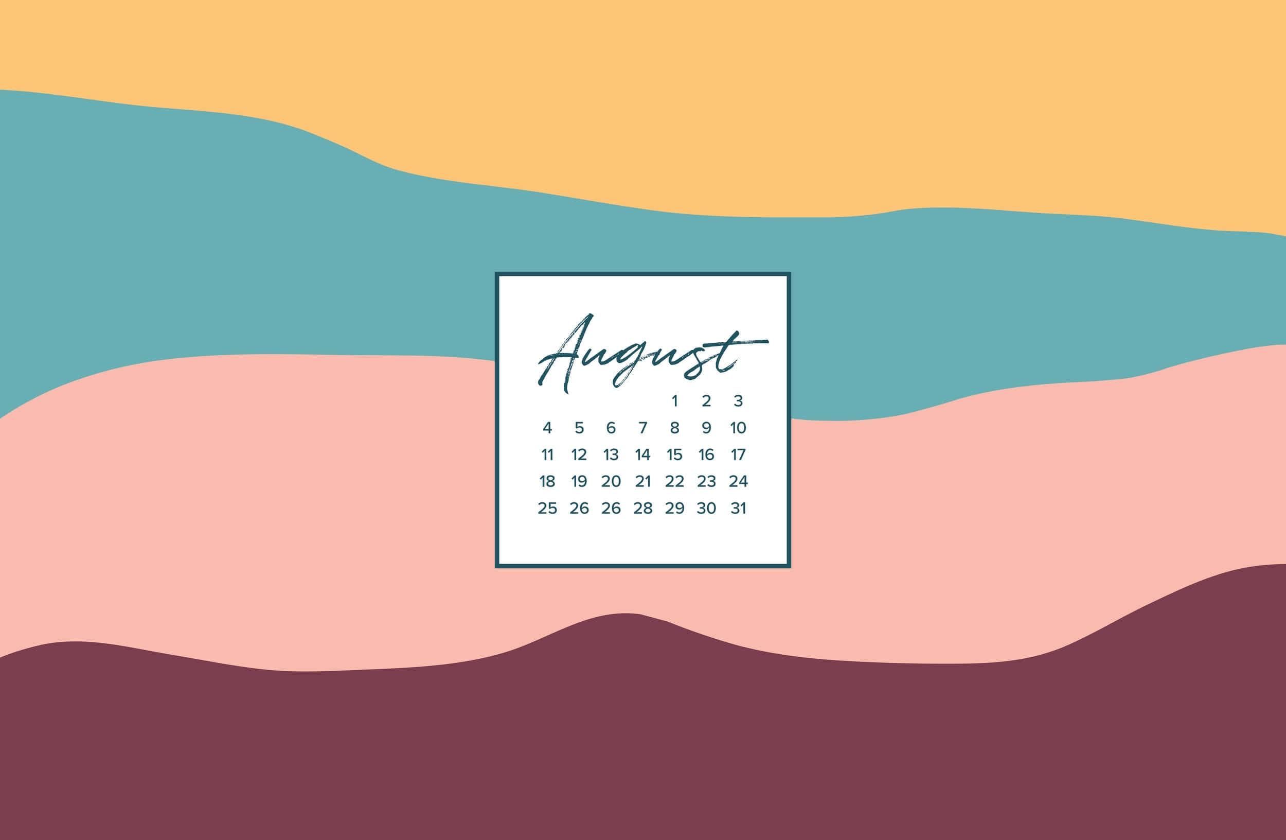 August Desktop Calendar, peach teal, mustard yellow, Full HD Desktop Wallpaper