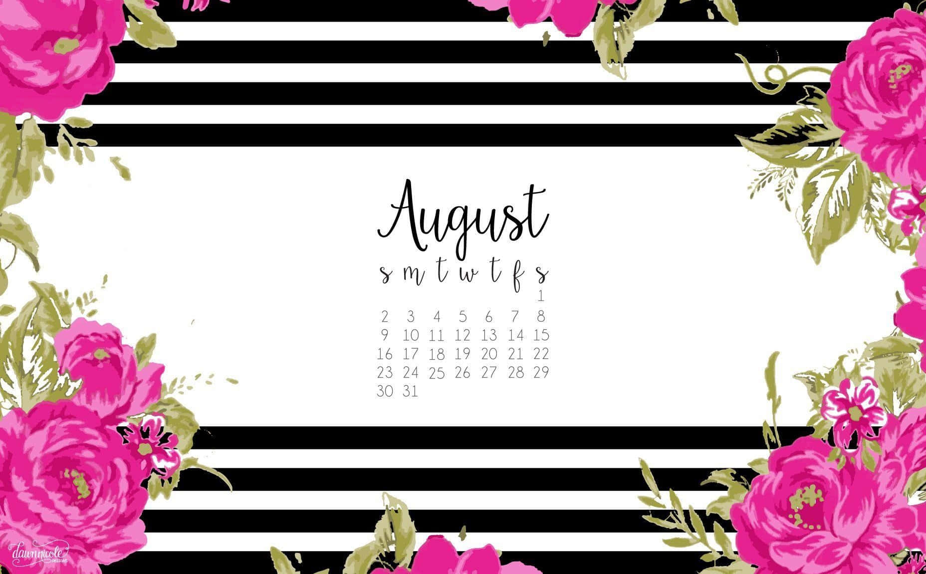 August, floral desktop calendar, vibrant pink roses, HD Desktop Wallpaper