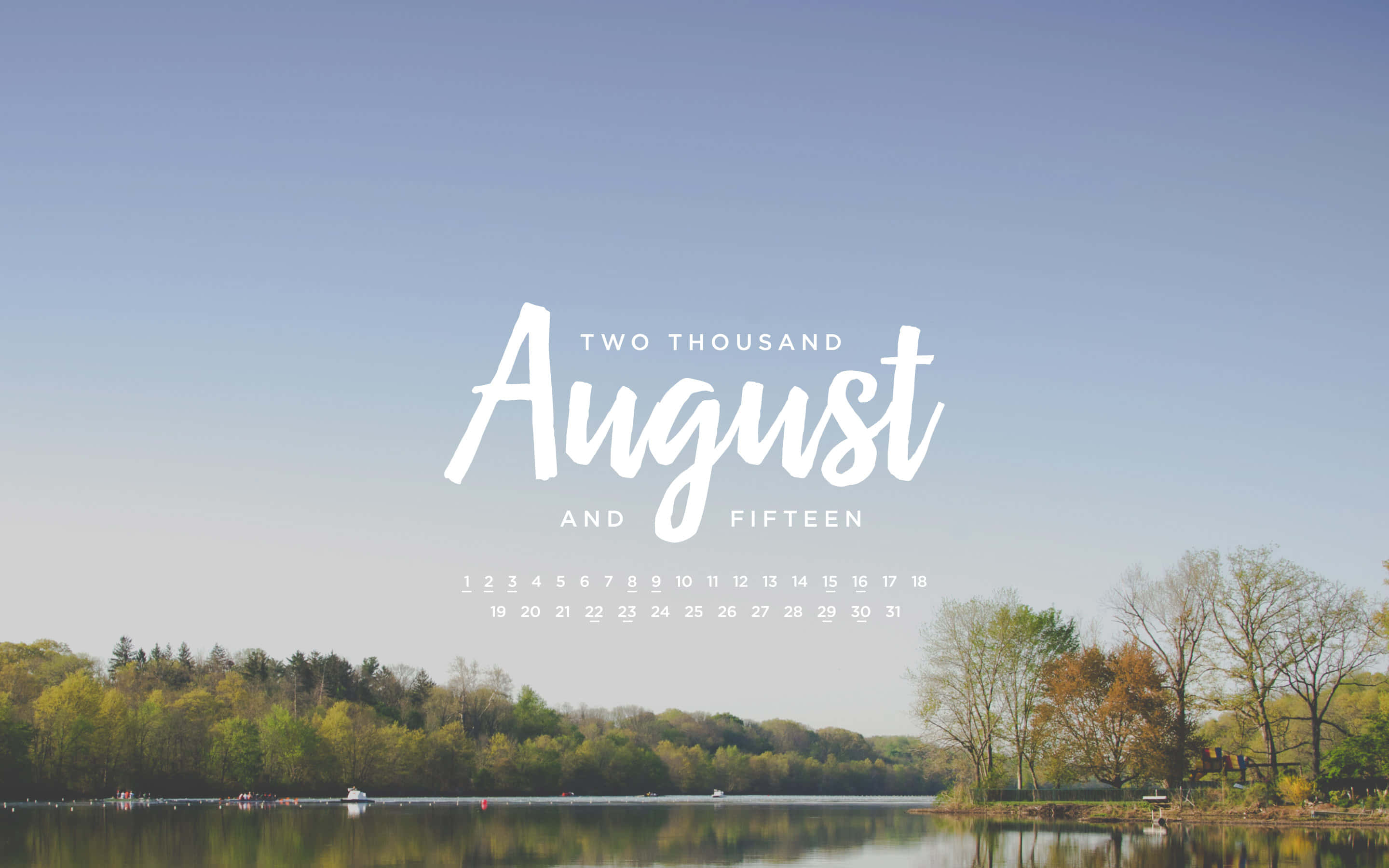 August 2015 calendar, lake, forested shoreline, 2K Desktop Wallpaper