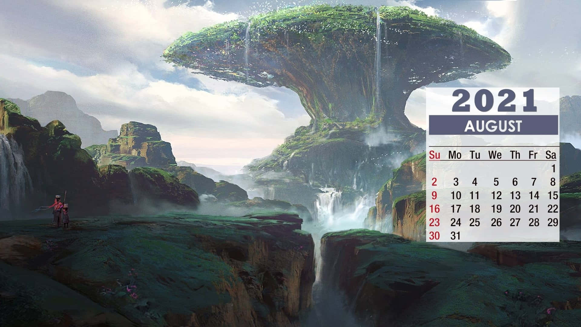 Fantasy August Calendar2021, colossal floating island, cascading waterfalls, Full HD Desktop Wallpaper