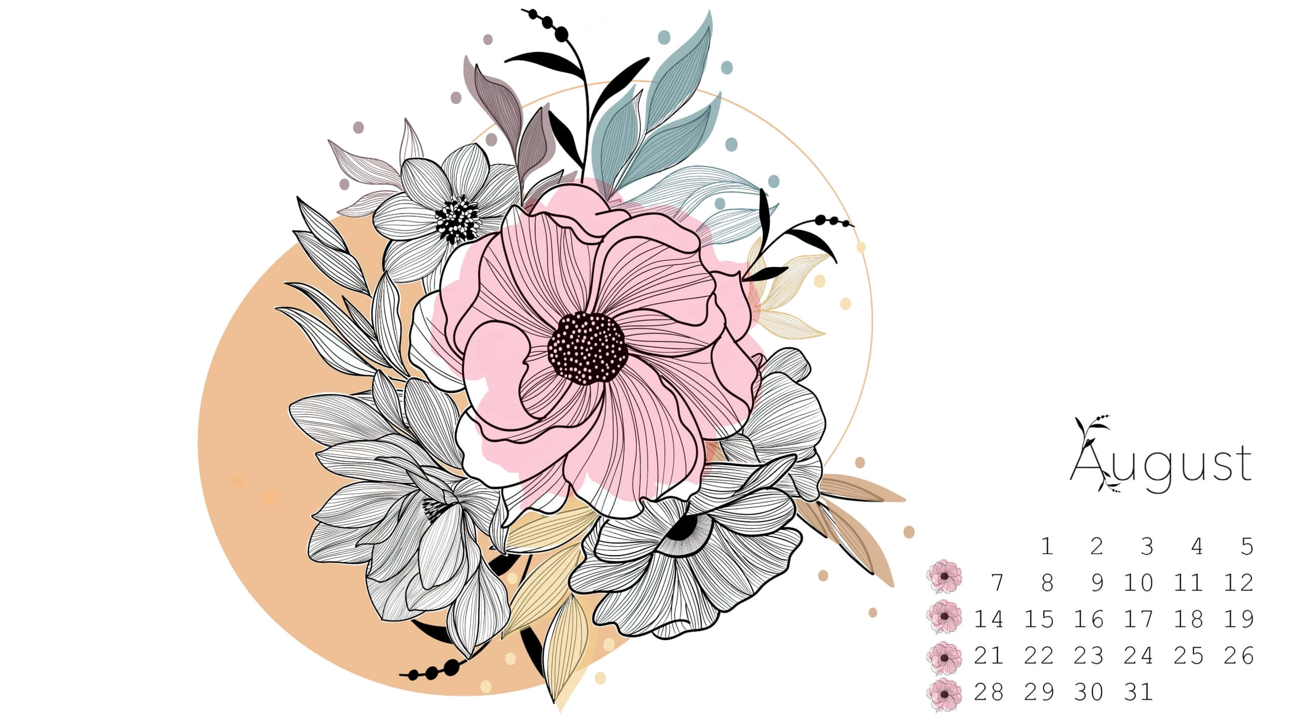 August, floral illustration, pink anemone, 2K Desktop Wallpaper