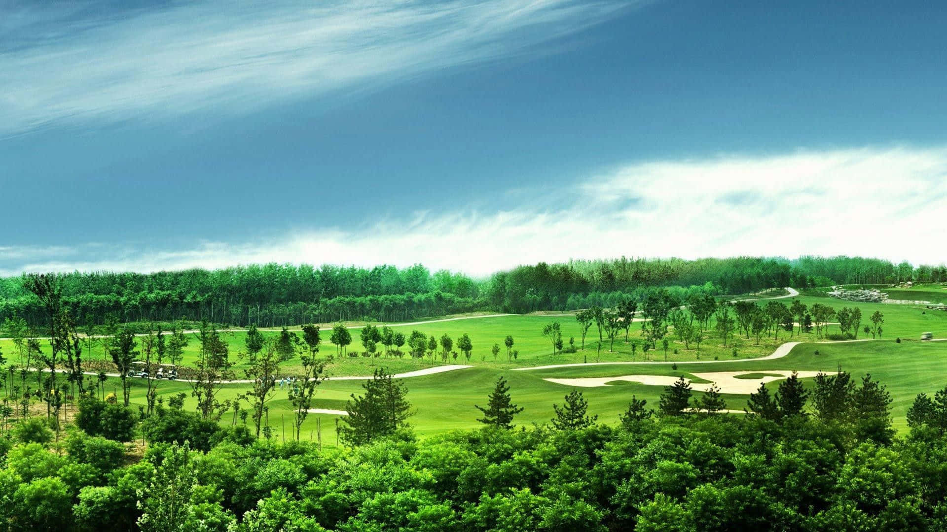 Augusta National Golf Course, bright blue sky, lush green trees, Full HD Desktop Wallpaper