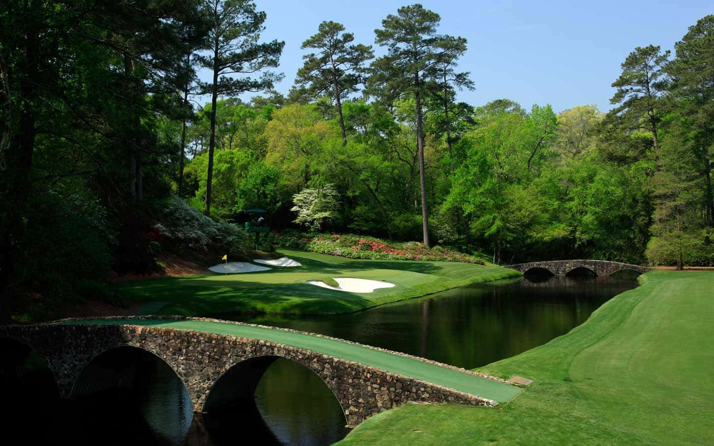 Augusta National Golf Course, stone bridges, calm water, HD Desktop Wallpaper
