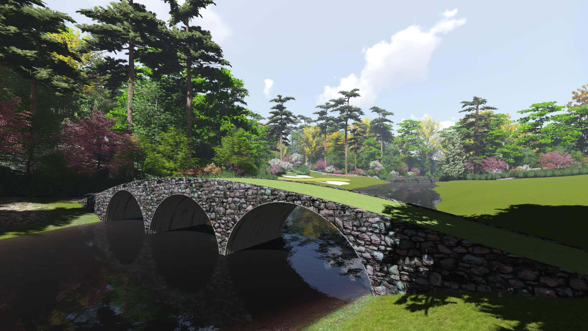 Augusta National Golf Course, stone arch bridge, calm river, Full HD Desktop Wallpaper