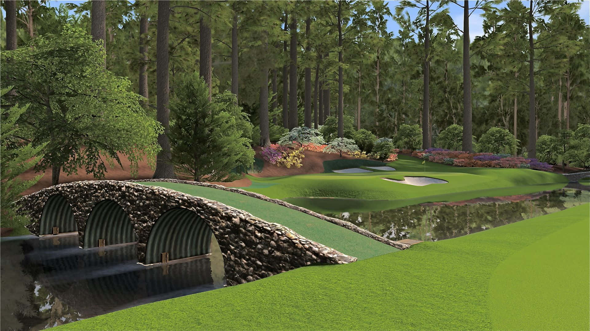 Augusta National Golf Course, stone arch bridge, water hazard, Full HD Desktop Wallpaper