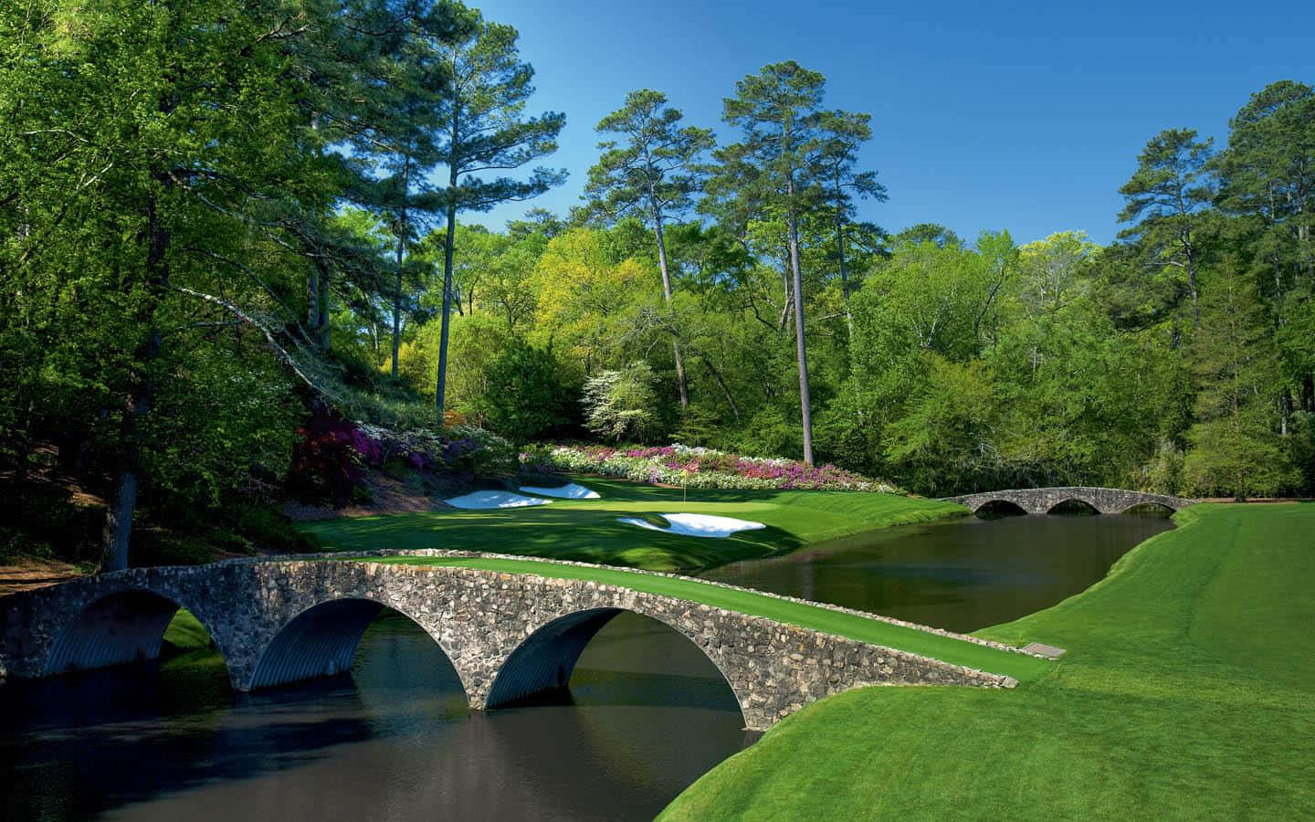 Augusta National Golf Course, stone bridge, calm river, HD Desktop Wallpaper