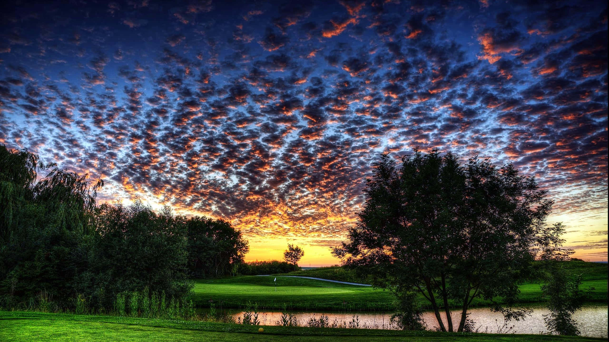 Augusta National Golf Course, sunset, fiery orange, 2K Desktop Wallpaper