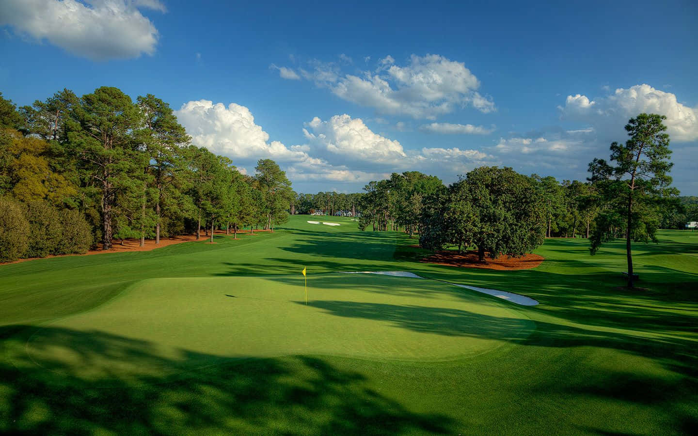 Augusta National Golf Course, green grass, yellow flag, HD Desktop Wallpaper