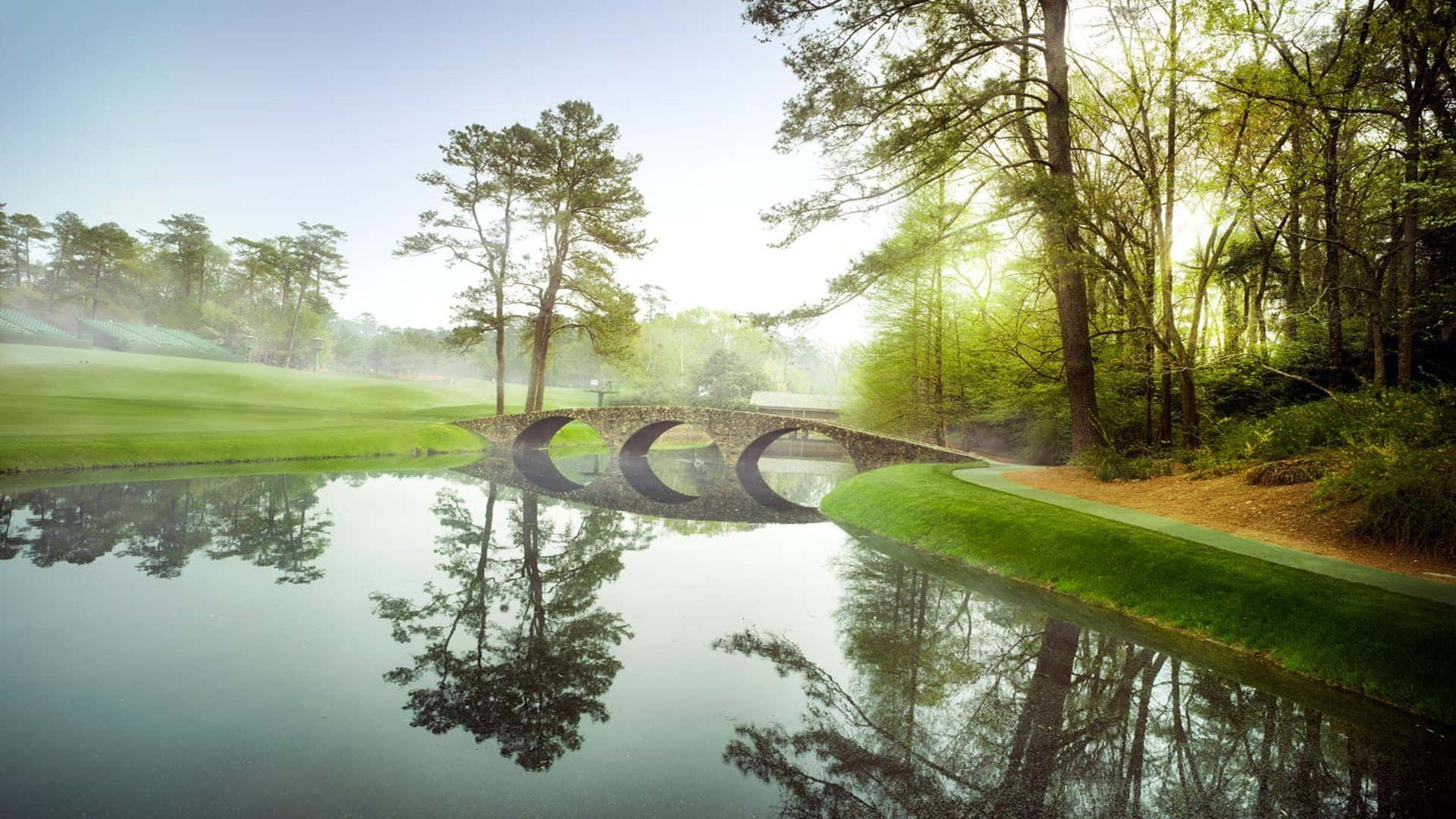 Augusta National Golf Course, stone bridge, misty pond, Full HD Desktop Wallpaper