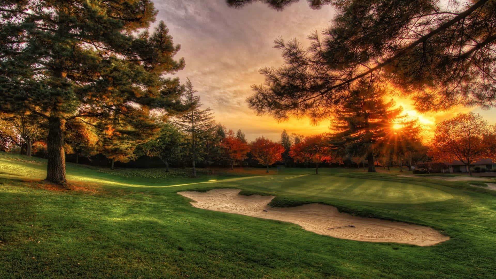 Augusta National Golf Course, sunset, vibrant orange sky, Full HD Desktop Wallpaper