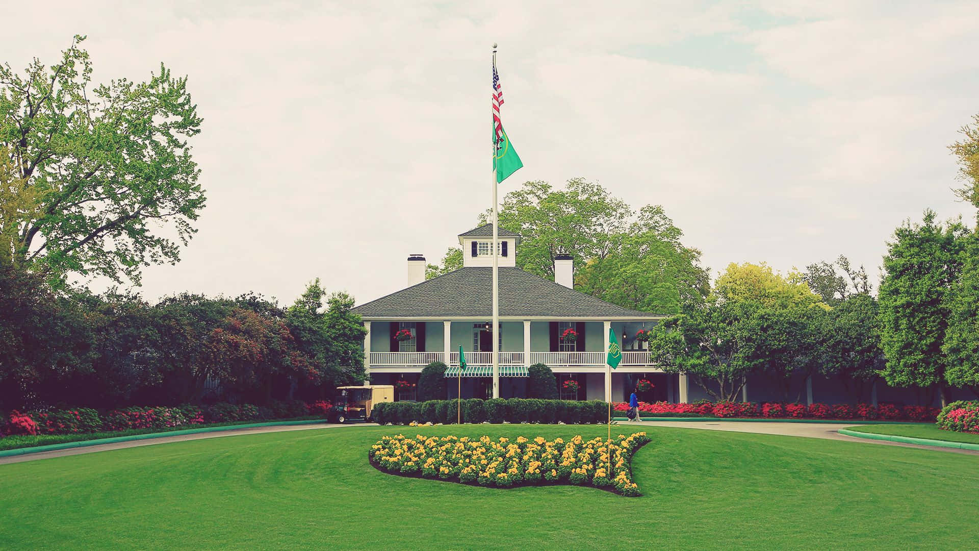 Augusta National Golf Course, white golf clubhouse, green flag, Full HD Desktop Wallpaper