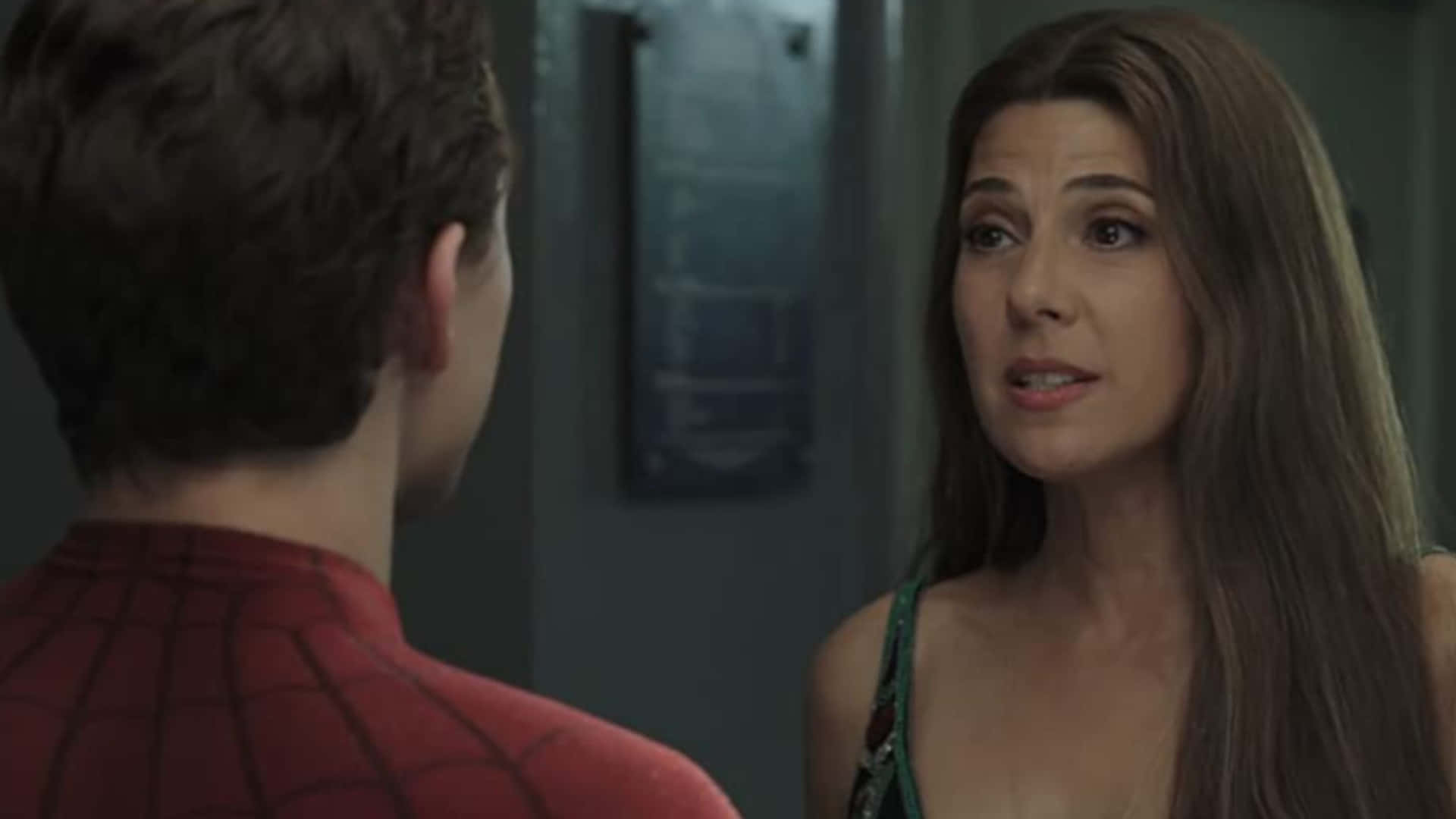 Aunt May, long brown hair, red spider-themed suit, Full HD Desktop Wallpaper