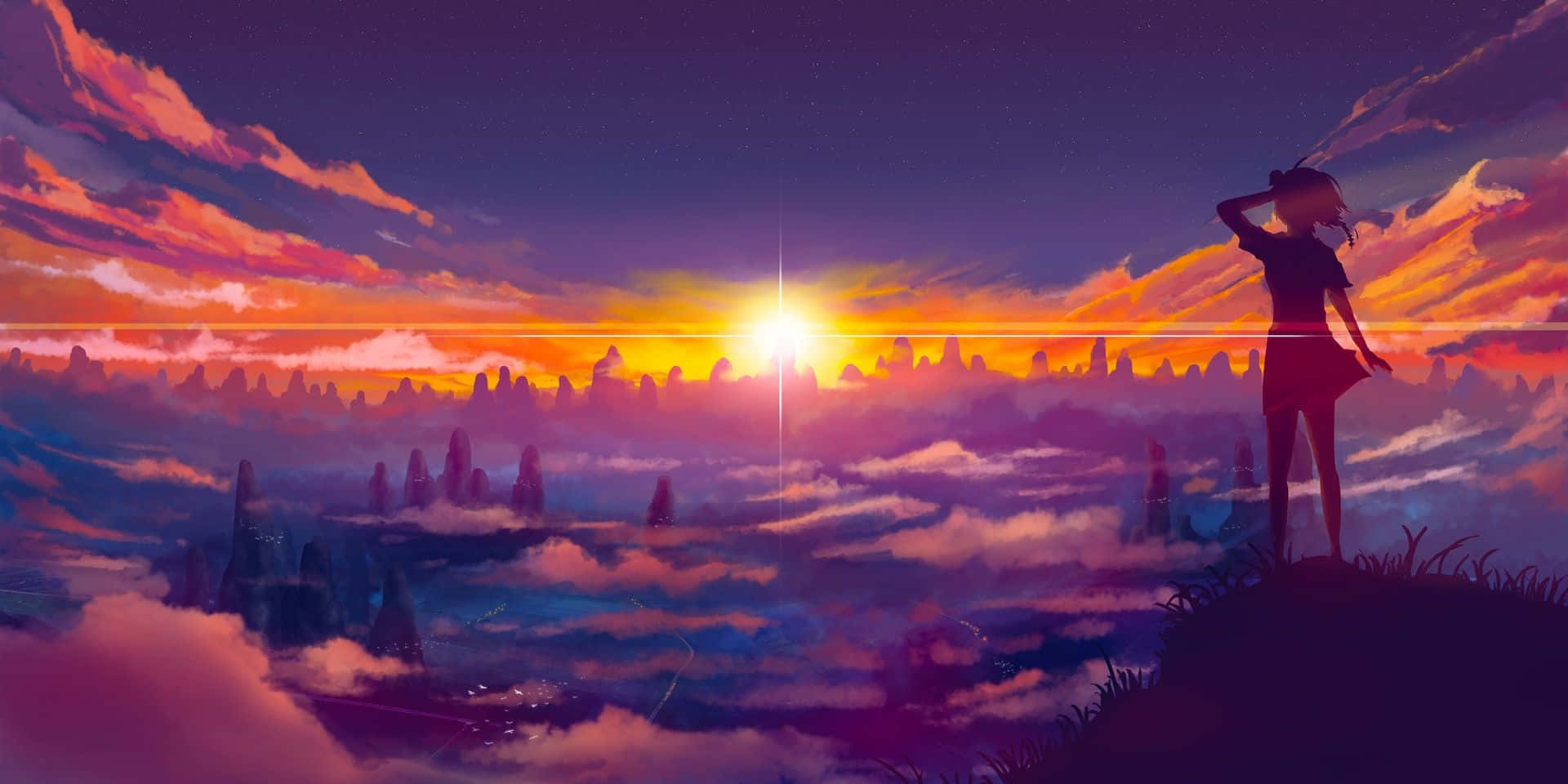 Red Aesthetic Anime Laptop, surreal sunset, jagged peaks, Full HD Desktop Wallpaper
