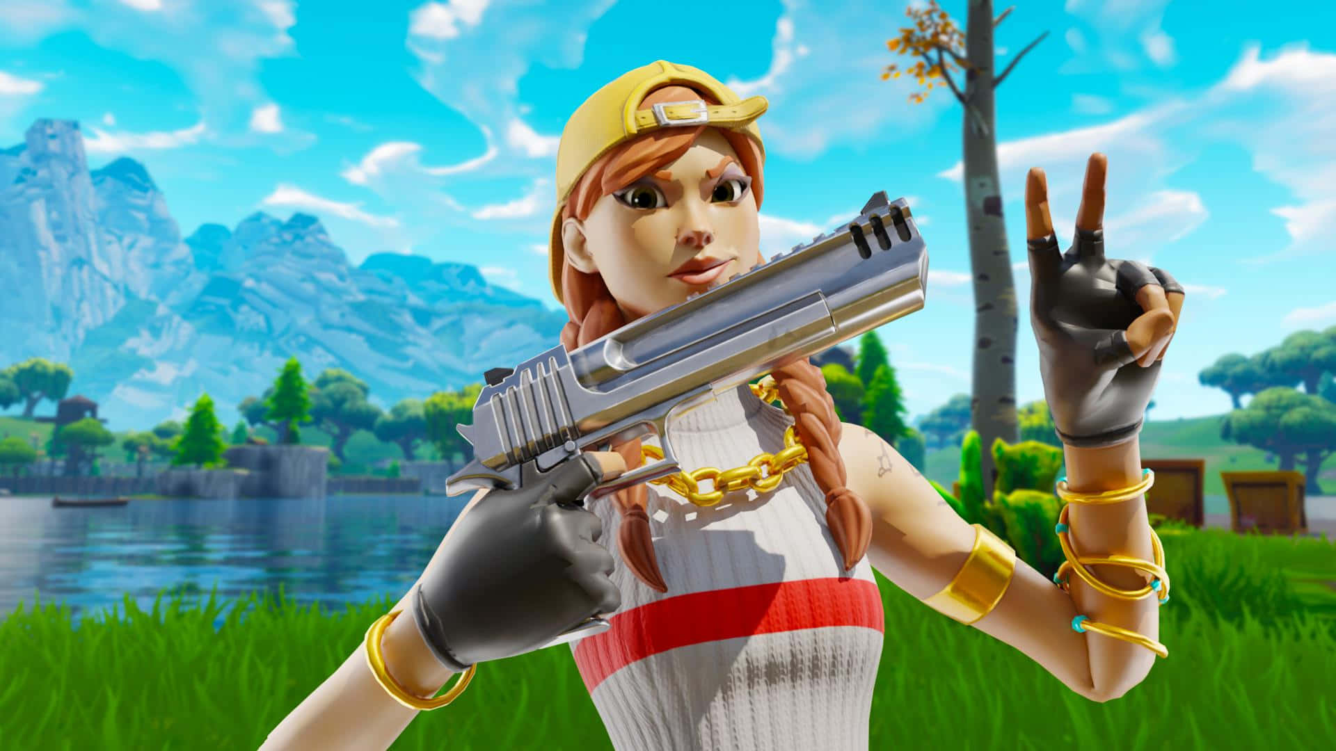 Fortnite, Aura Skin, silver pistol, Full HD Desktop Wallpaper