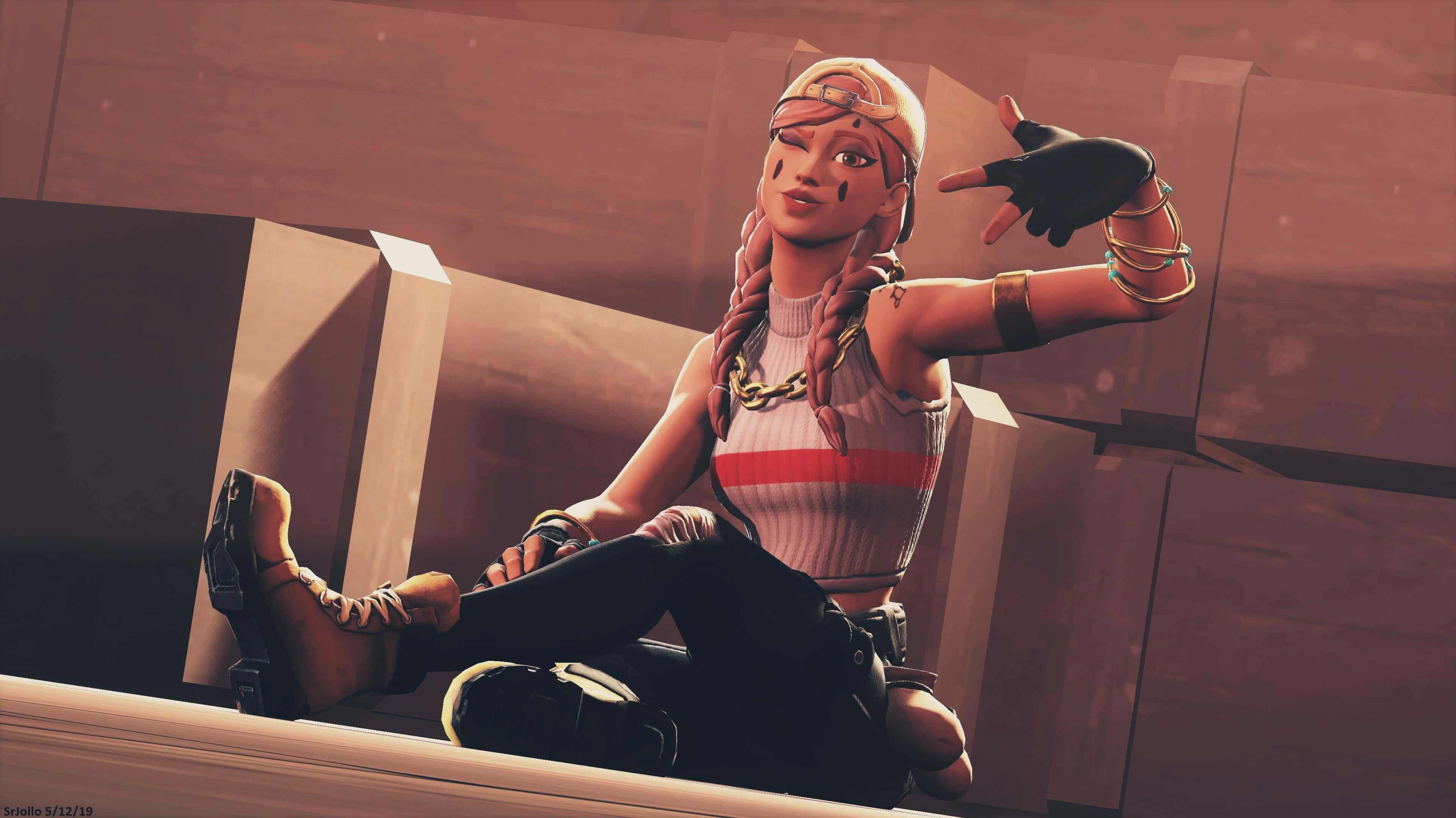 Fortnite Aura Skin, sitting warehouse, hand gesture, 4K Desktop Wallpaper