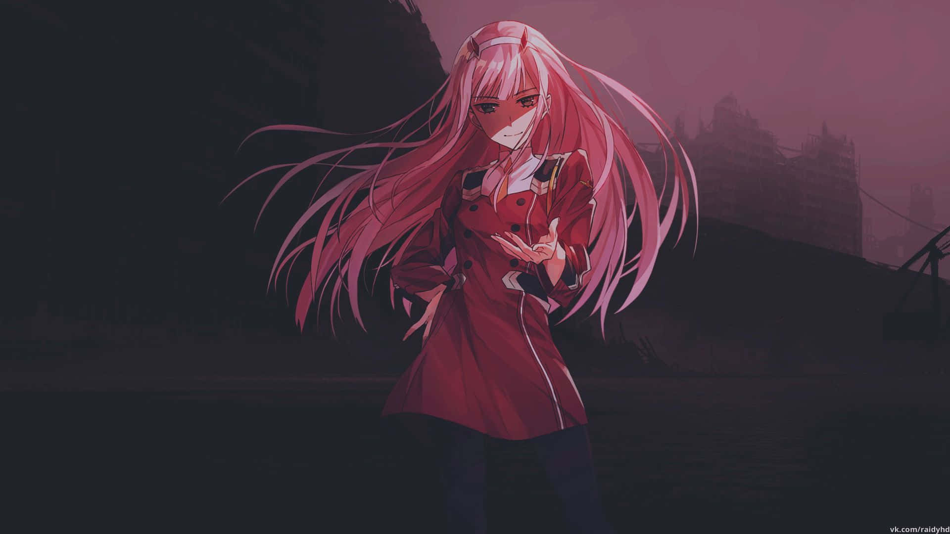 pink-haired anime girl, red coat, dark urban backdrop, Full HD Desktop Wallpaper