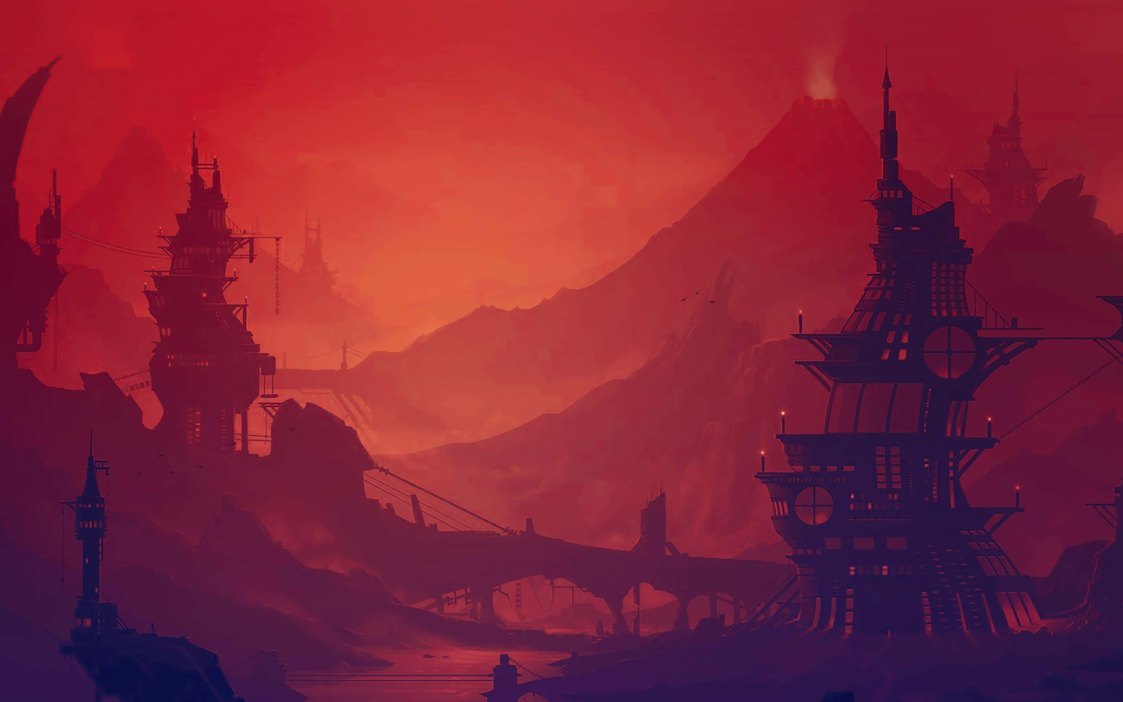 red aesthetic, anime laptop, gothic towers, 4K Desktop Wallpaper