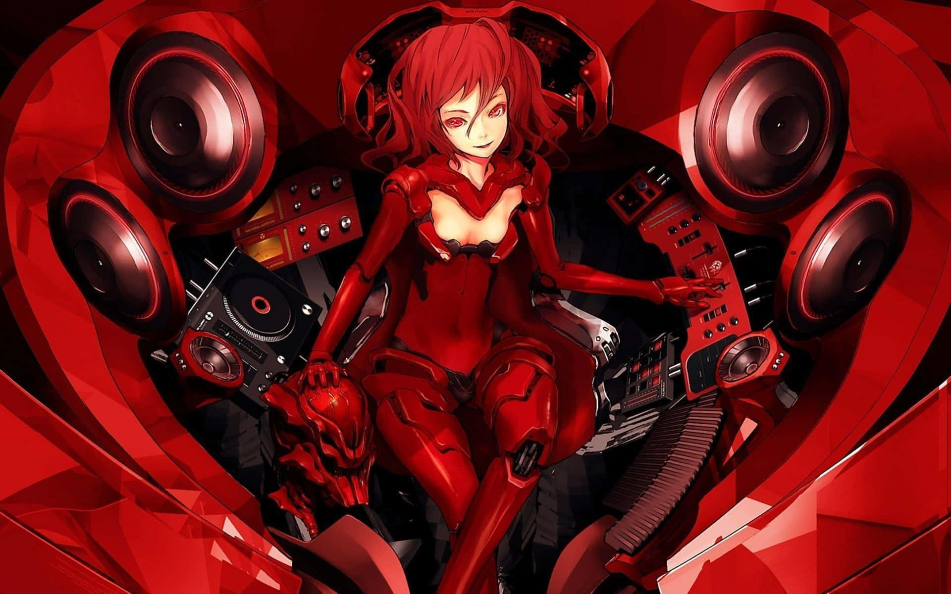 red aesthetic anime laptop, red-haired anime girl, red outfit, Full HD Desktop Wallpaper