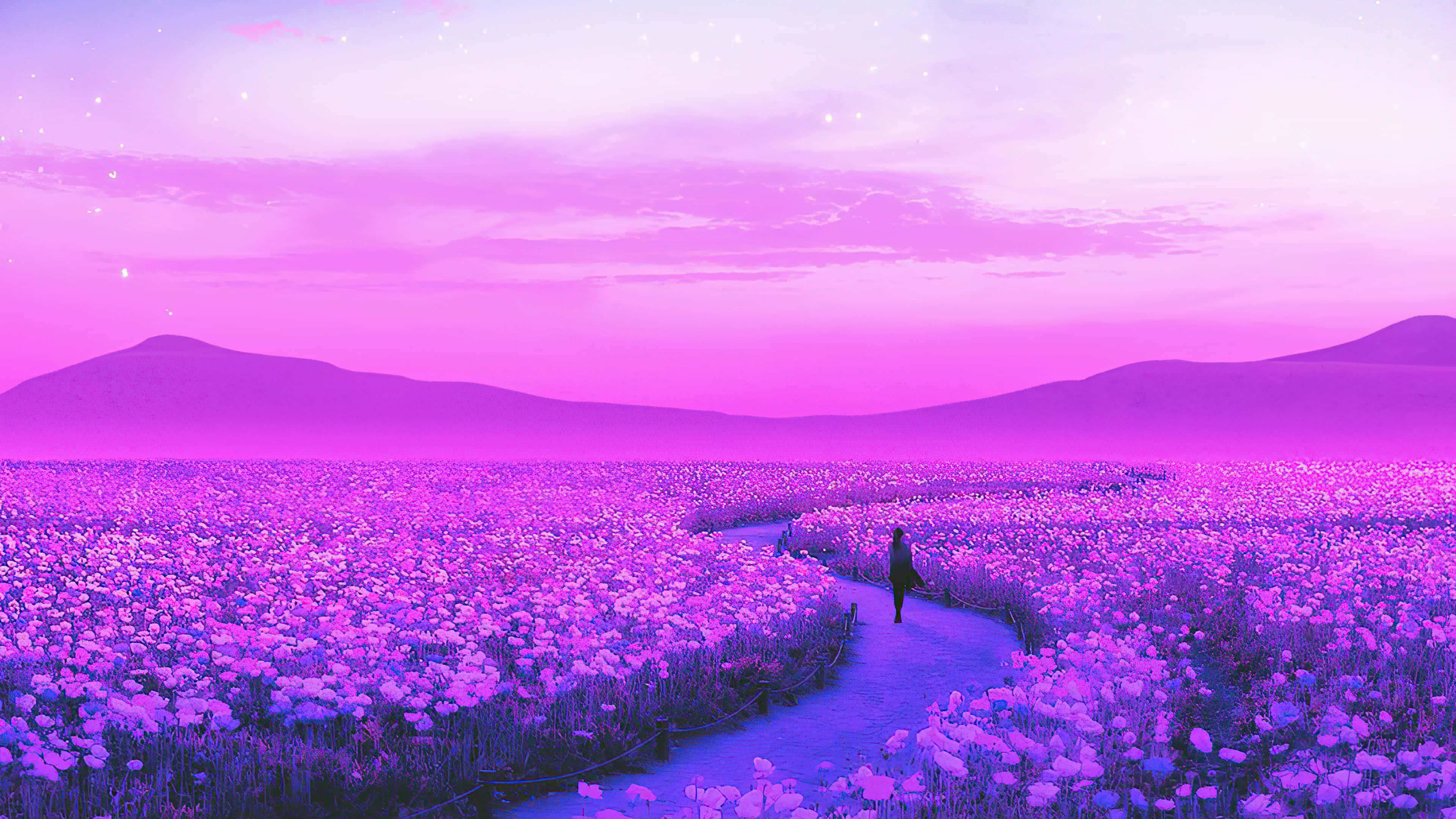 lavender aesthetic laptop, glowing purple flowers, dreamy pink twilight sky, 4K Desktop Wallpaper