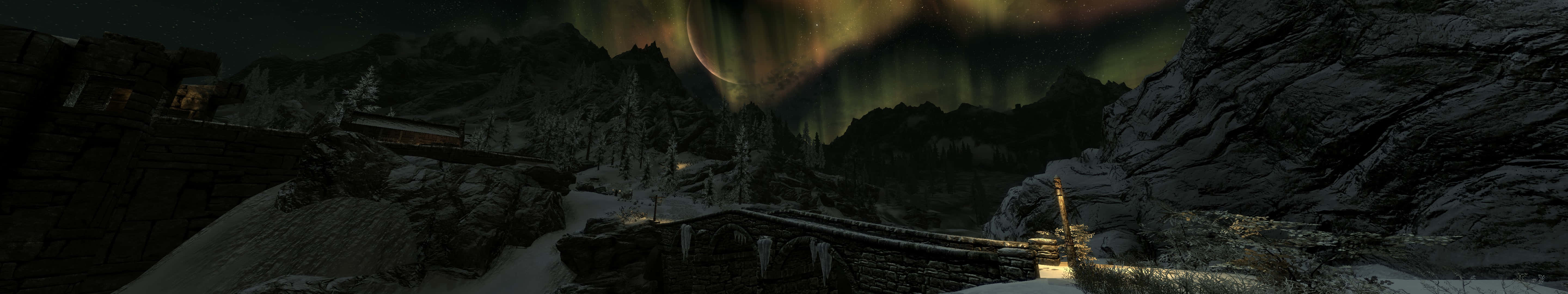 Aurora borealis, snowy mountain pass, night, 5K Desktop Wallpaper