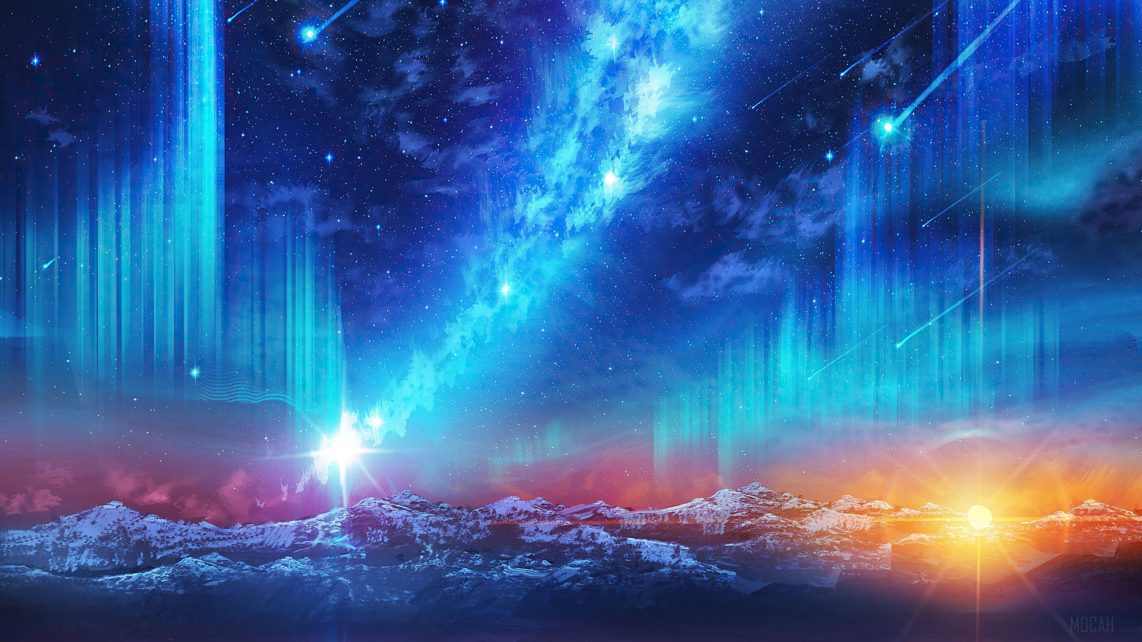 Aurora borealis, mountains, cosmic sky, 4K Desktop Wallpaper