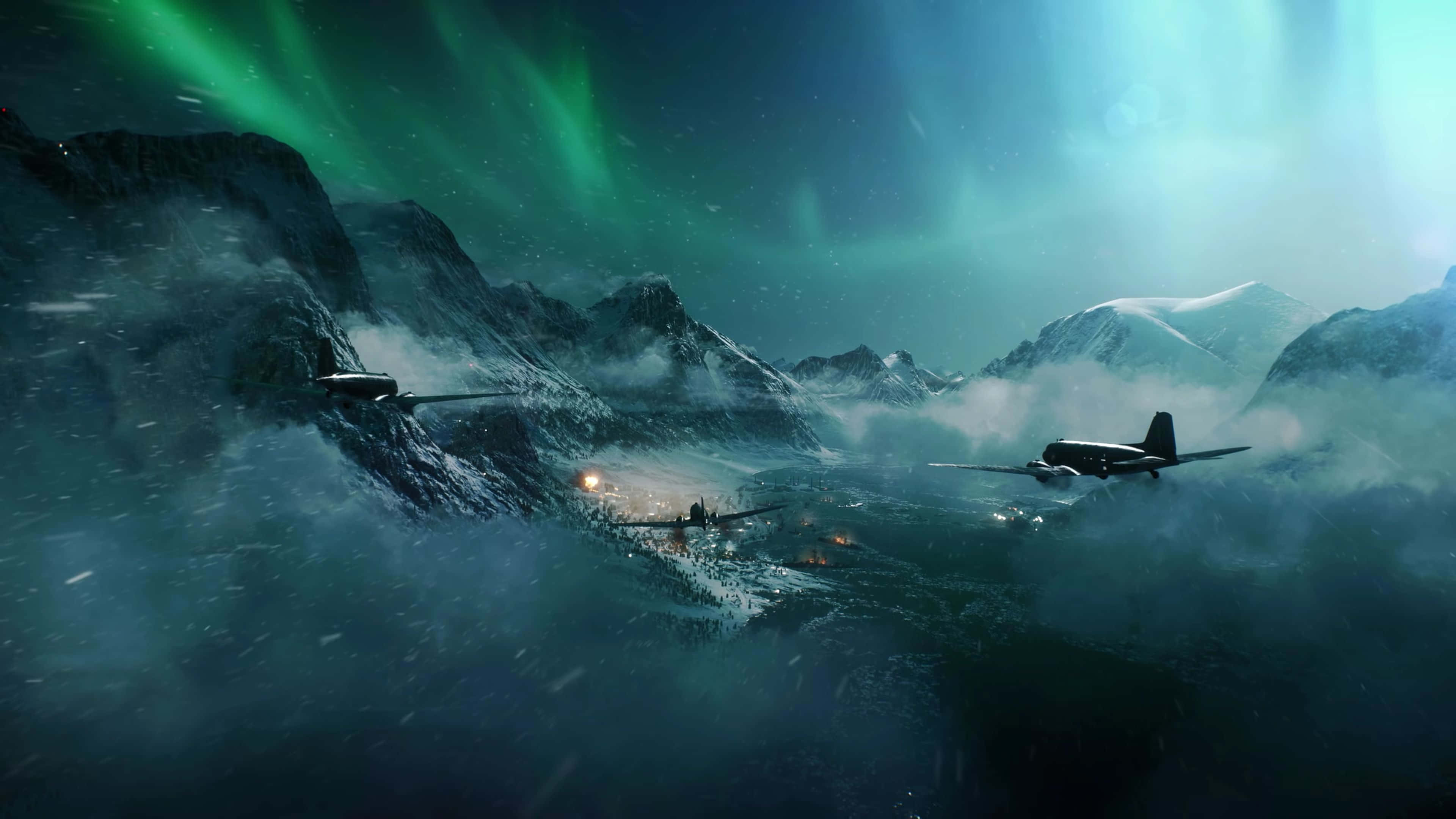 4K Planes, Aurora Borealis, mountains, 4K Desktop Wallpaper
