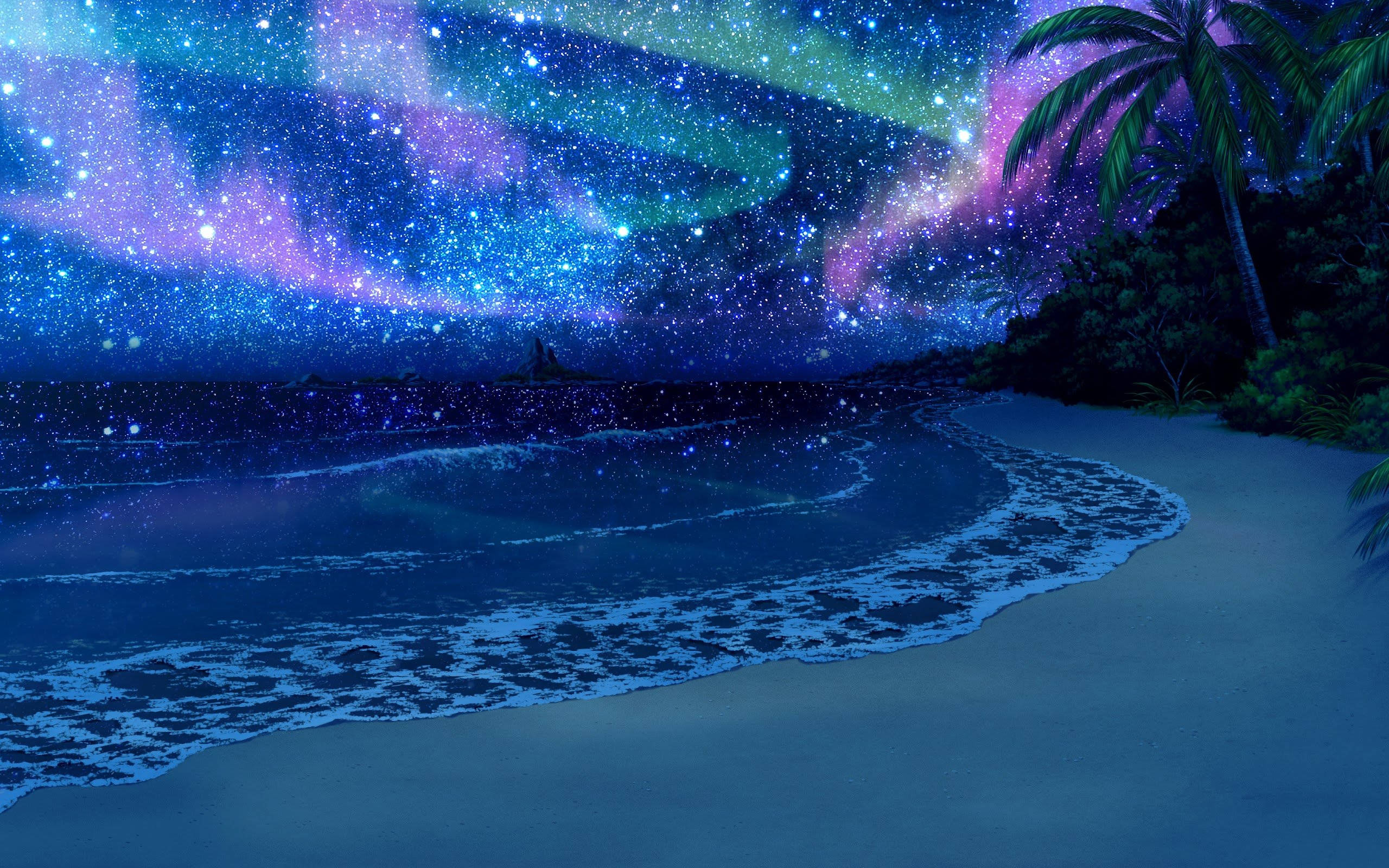 Aurora borealis, tropical beach, night, 2K Desktop Wallpaper