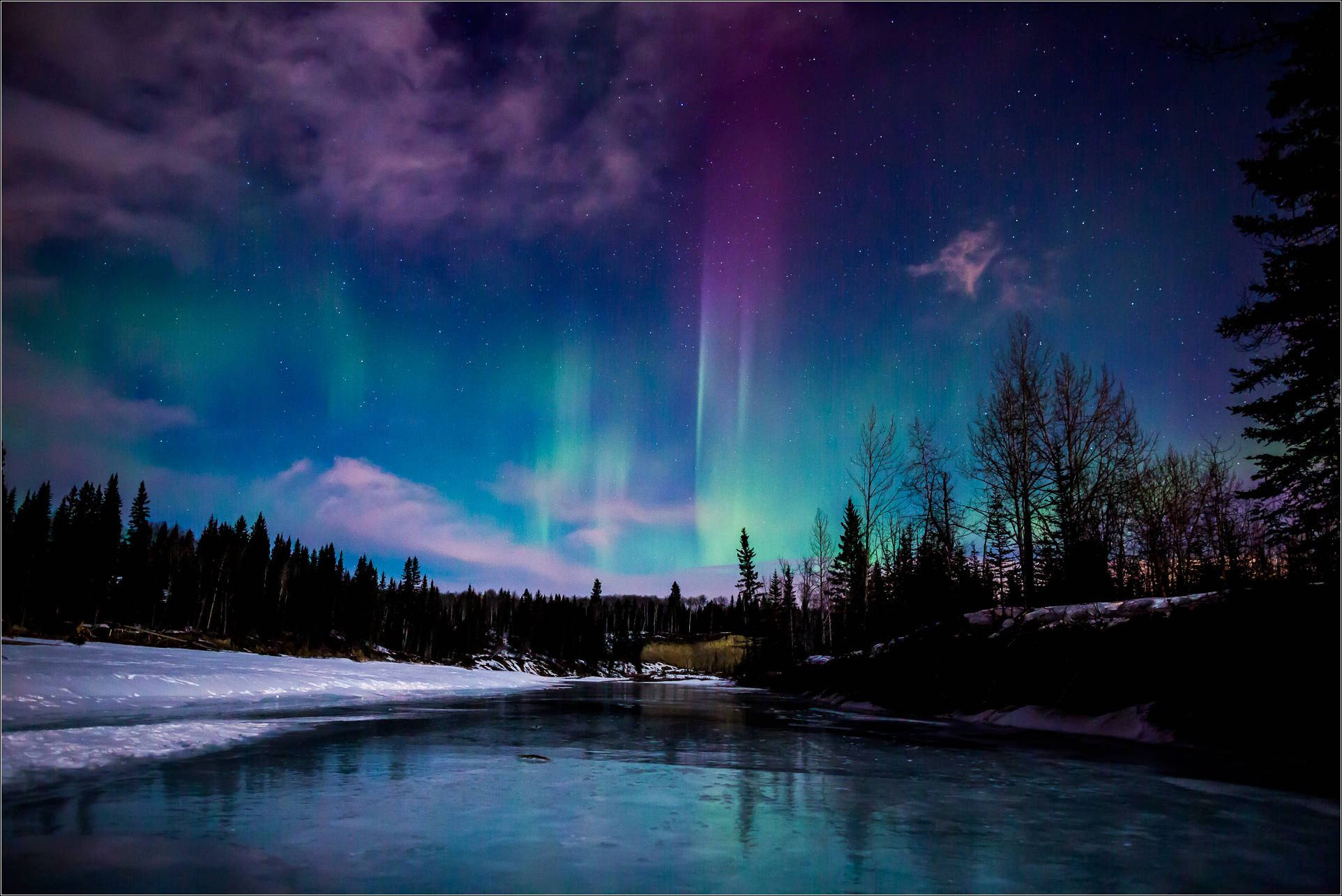 Aurora borealis, frozen river, snowy forest, Full HD Desktop Wallpaper
